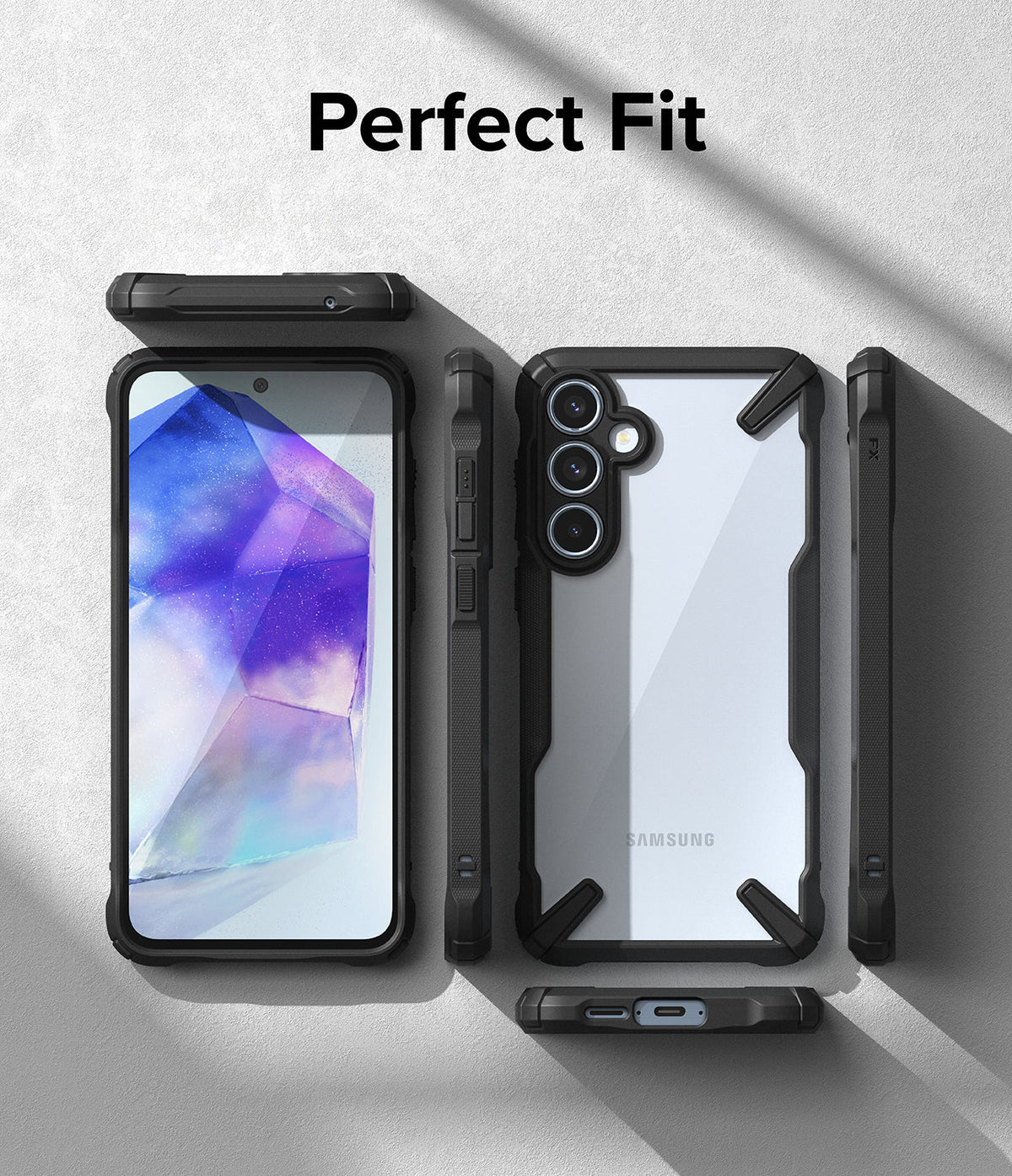 Galaxy A55 Case | Fusion-X - Front, back, and side views of a black protective phone case on a Galaxy A55.