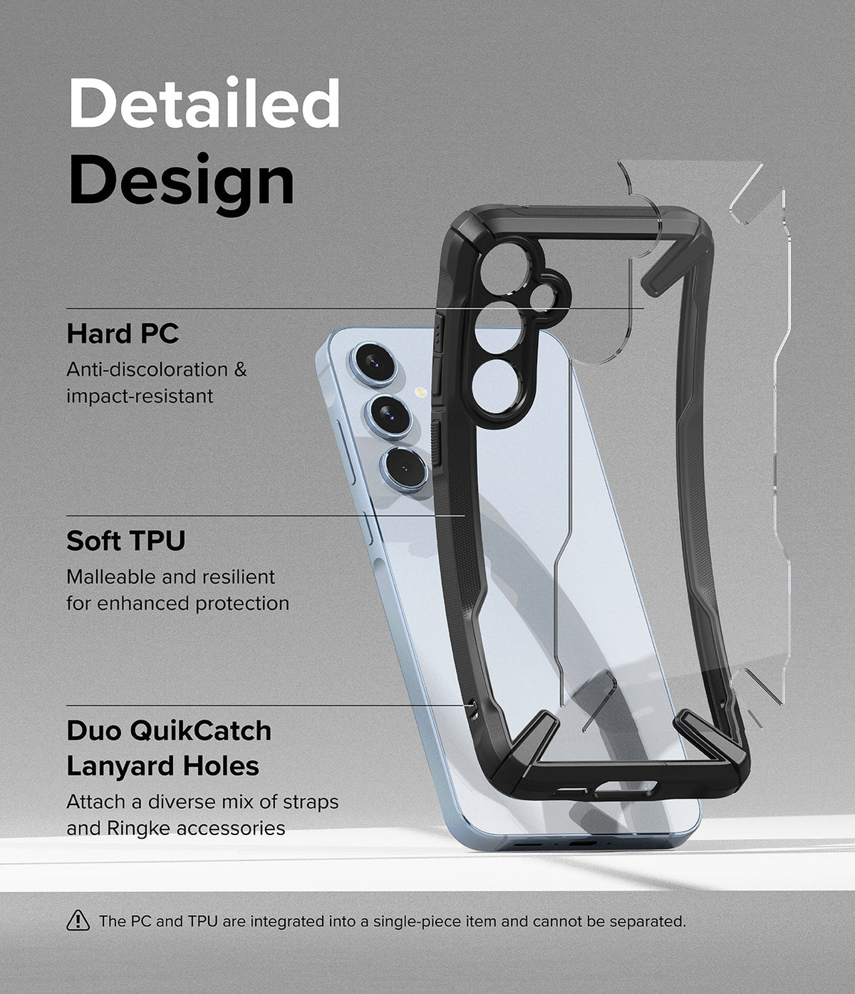 Galaxy A55 Case | Fusion-X - Exploded view of a phone case highlighting hard PC, soft TPU, and lanyard holes with text labels.