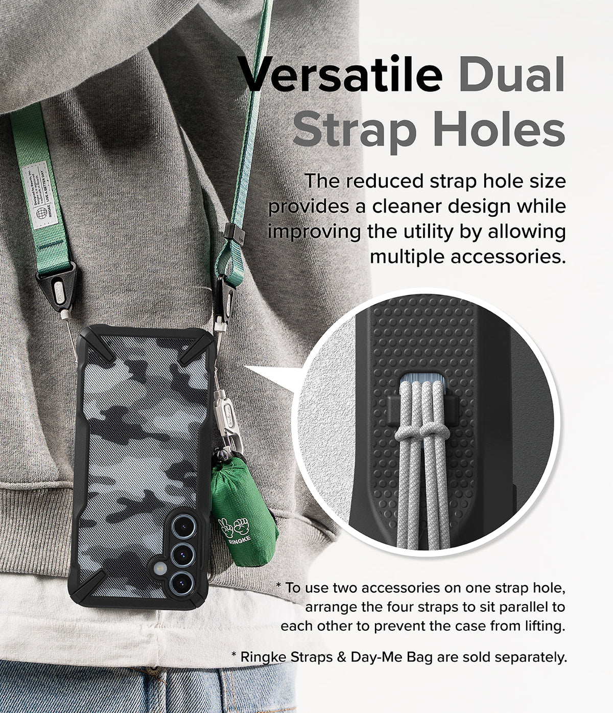 Galaxy A55 Case | Fusion-X - Phone case with dual strap holes, showing a green lanyard and accessory attached to the side.
