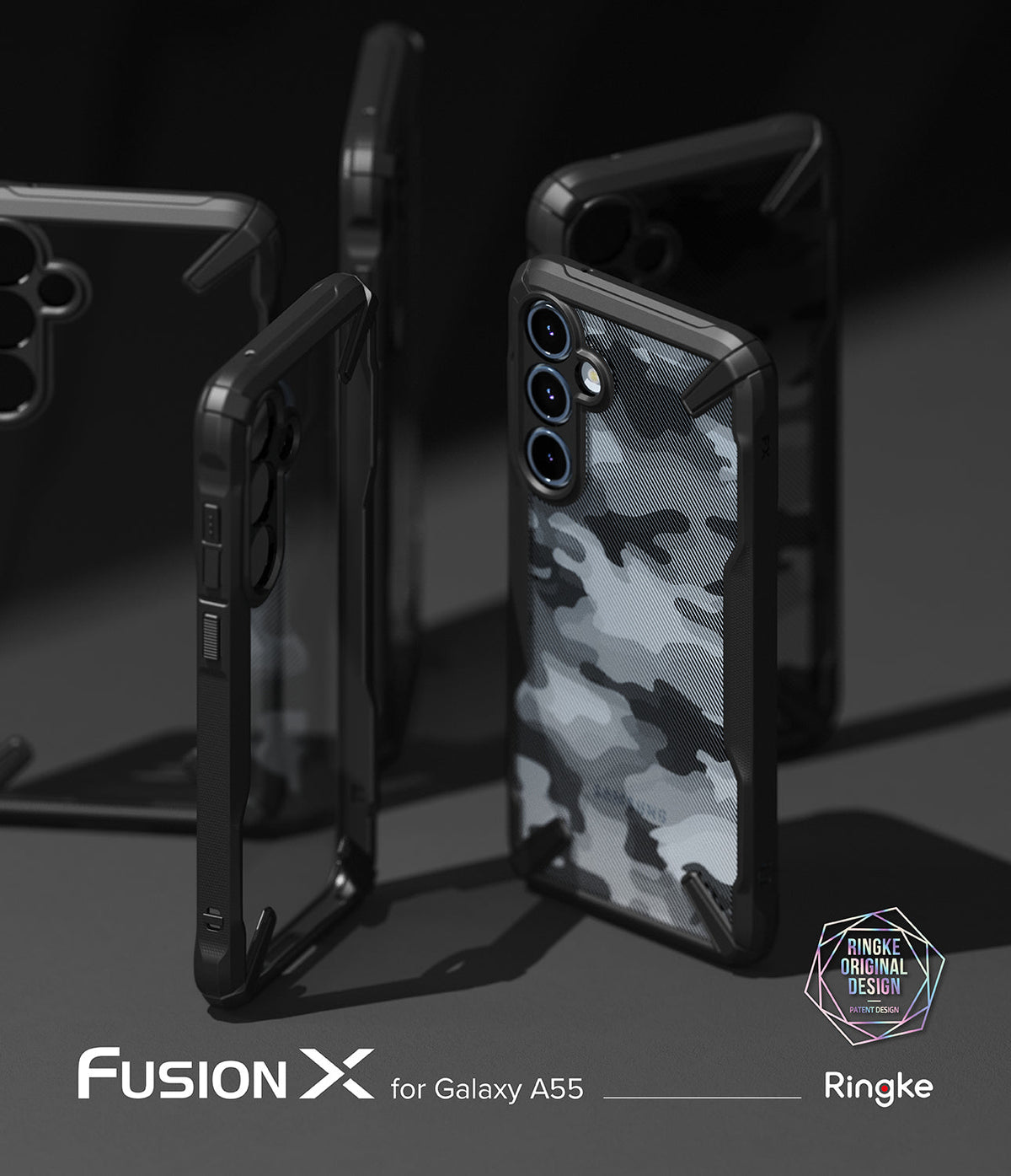 Galaxy A55 Case | Fusion-X - Multiple black Fusion-X phone cases with a grey camouflage pattern displayed on a dark surface.