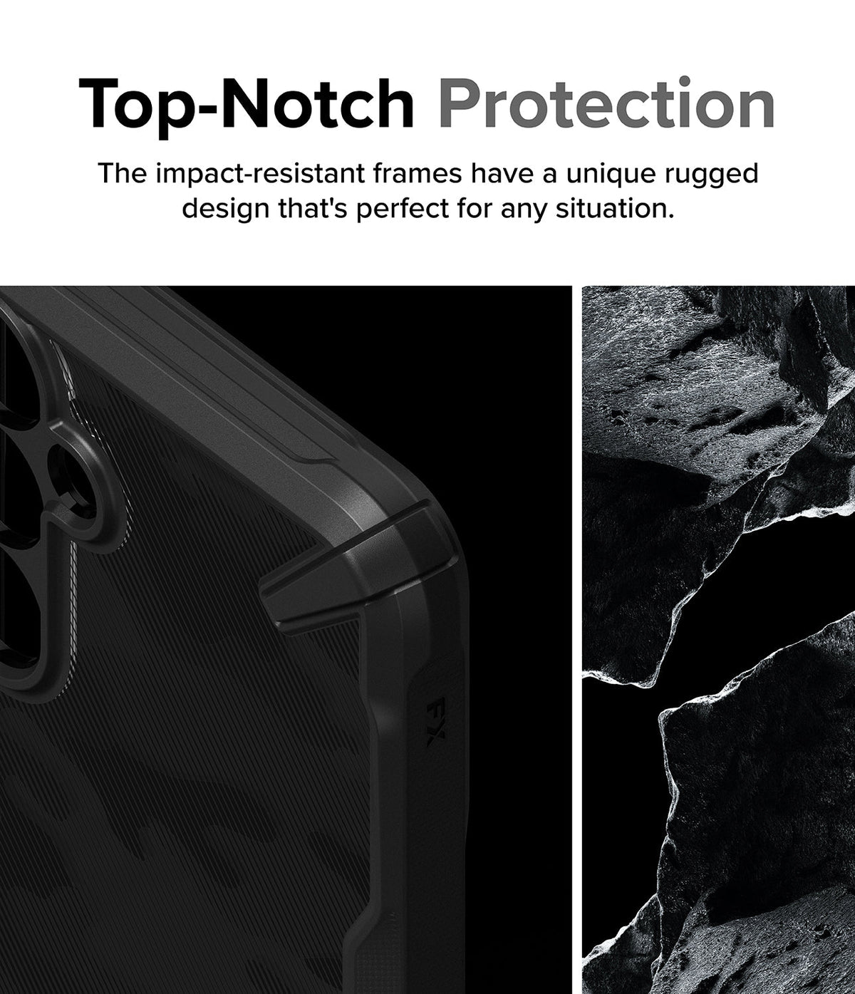 Galaxy A55 Case | Fusion-X - Close-up of a rugged black phone case corner next to a textured rock background.