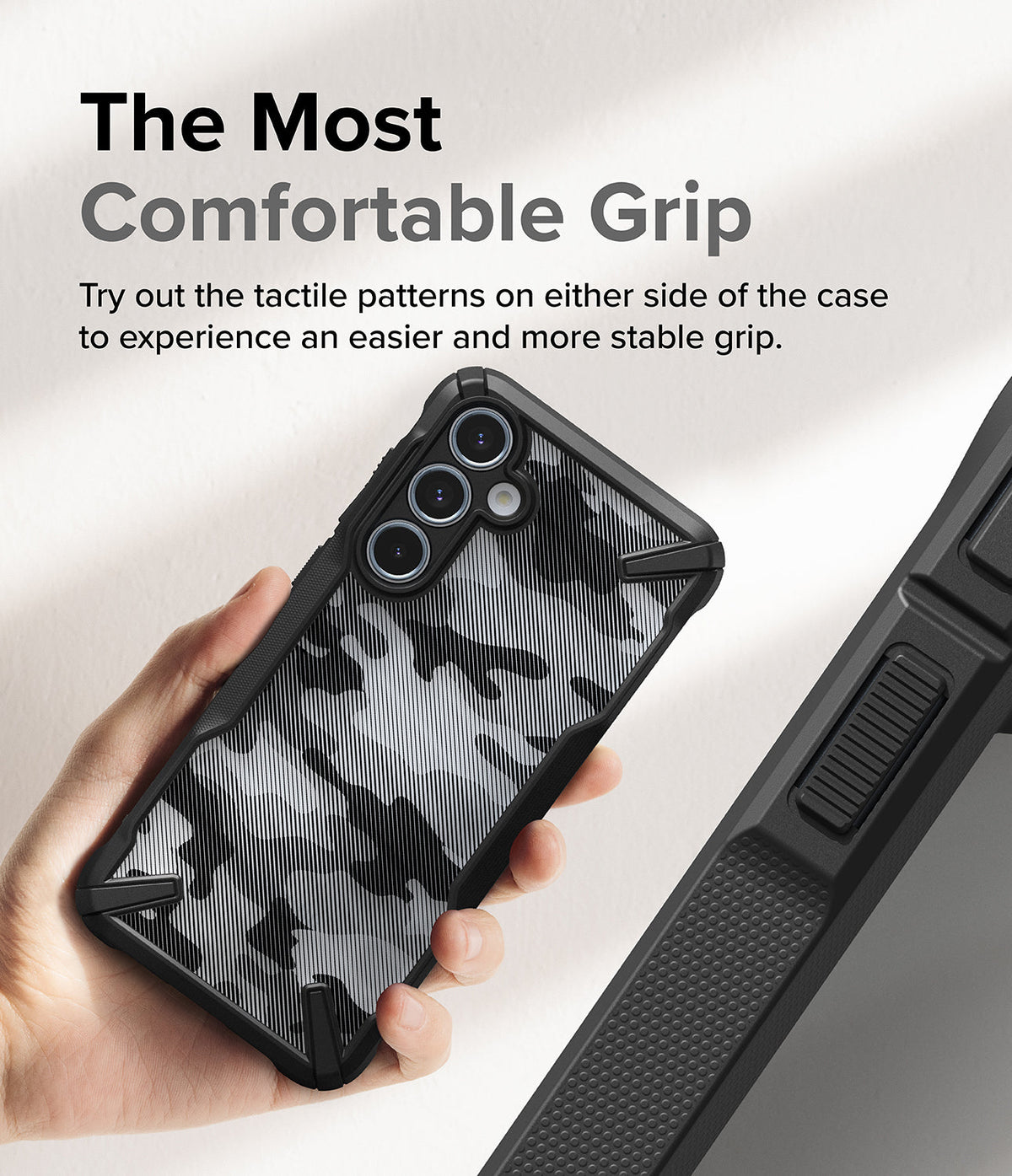 Galaxy A55 Case | Fusion-X - Hand holding a camo-patterned phone case with textured side grips for better stability.