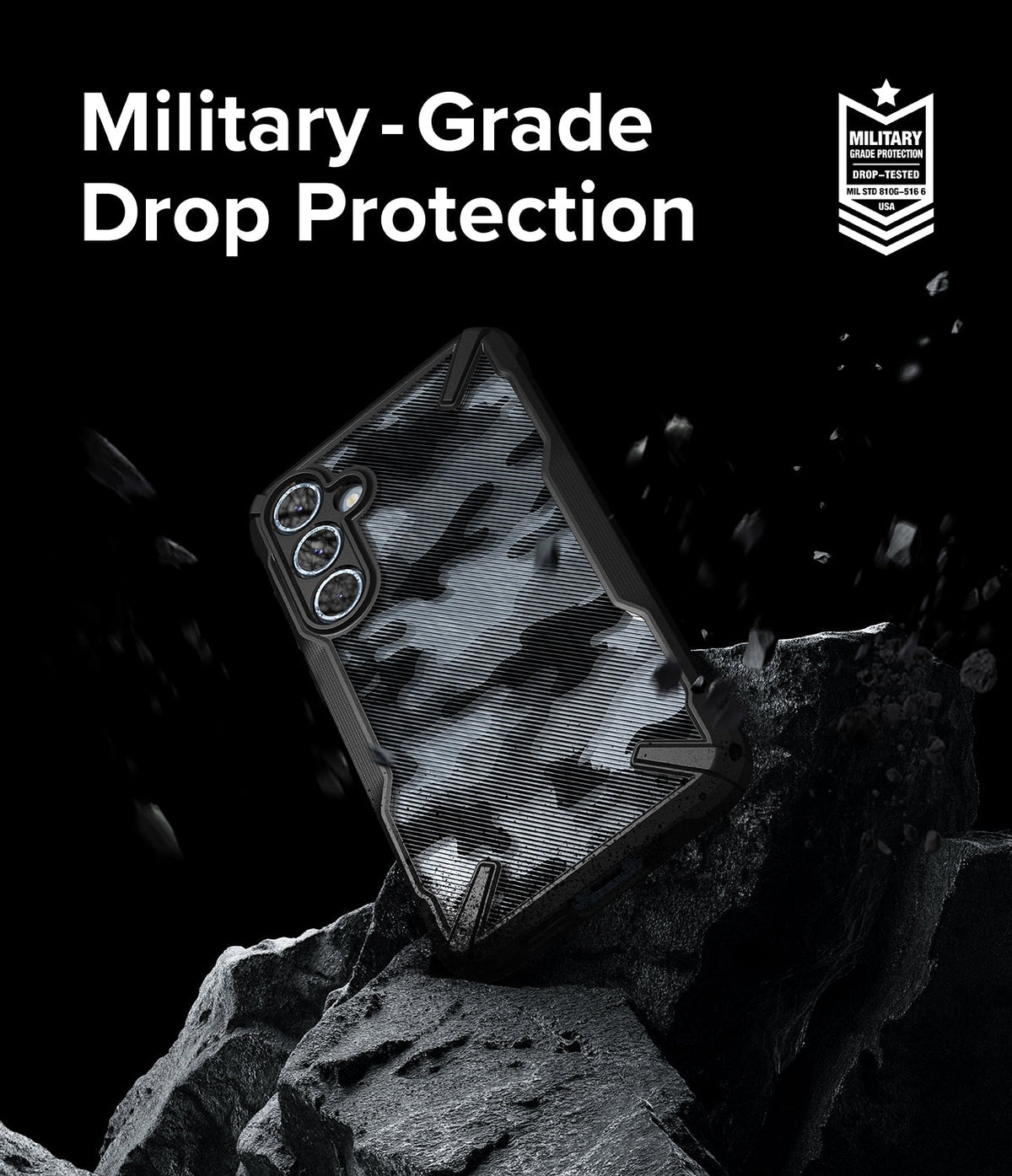 Galaxy A55 Case | Fusion-X - Camo phone case floating above jagged rocks with military-grade protection text and badge.