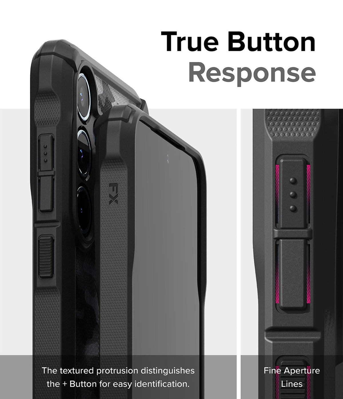 Galaxy A55 Case | Fusion-X - Close-up of phone case buttons with textured protrusions and fine aperture lines for tactile response.