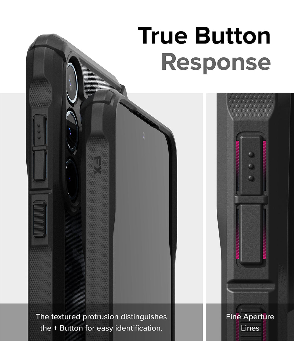 Galaxy A55 Case | Fusion-X - Close-up of phone case buttons with textured protrusions and fine aperture lines for tactile feedback.
