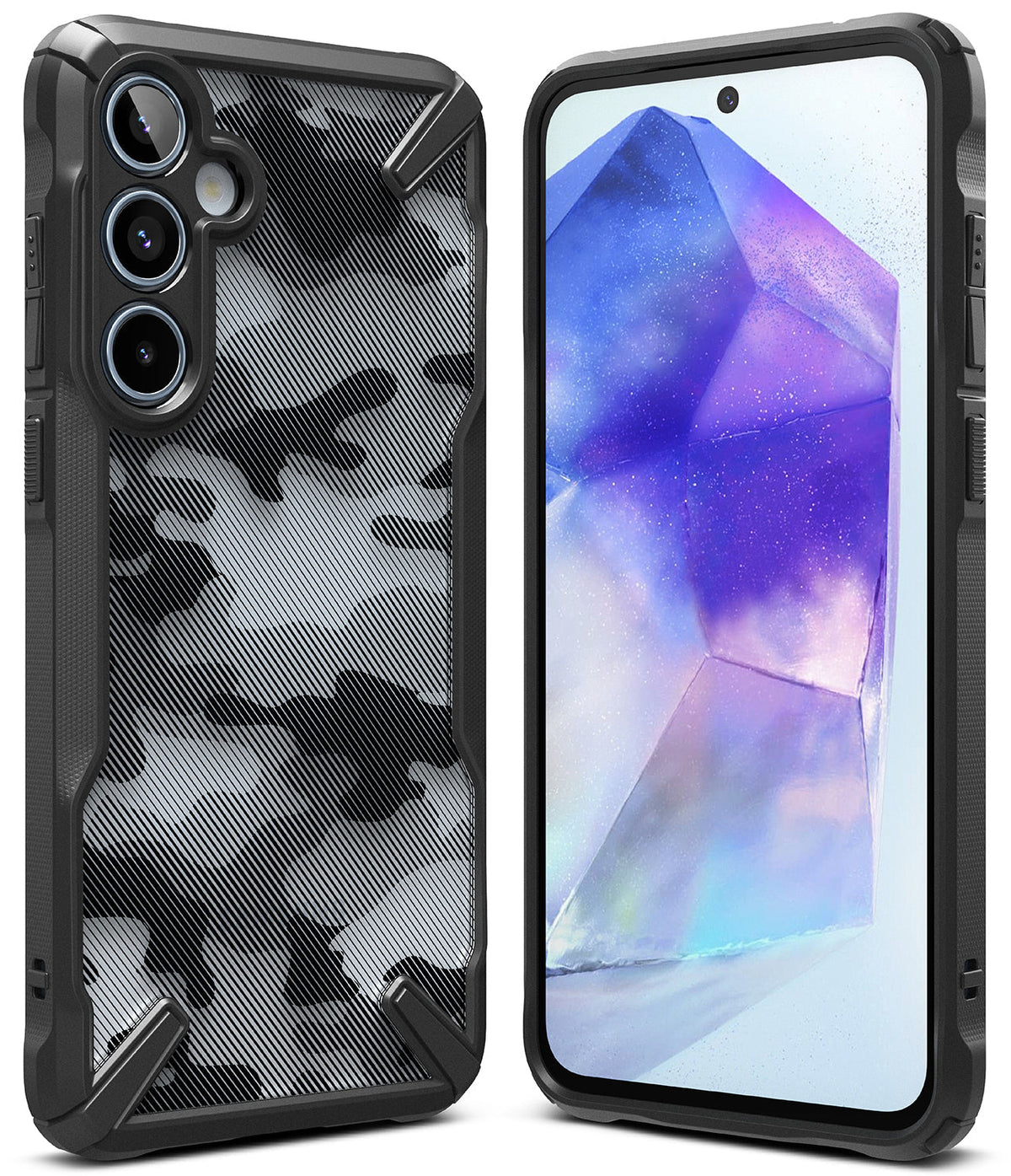 Galaxy A55 Case | Fusion-X - Black rugged phone case with a camo back panel and a clear front display showing a crystal graphic.
