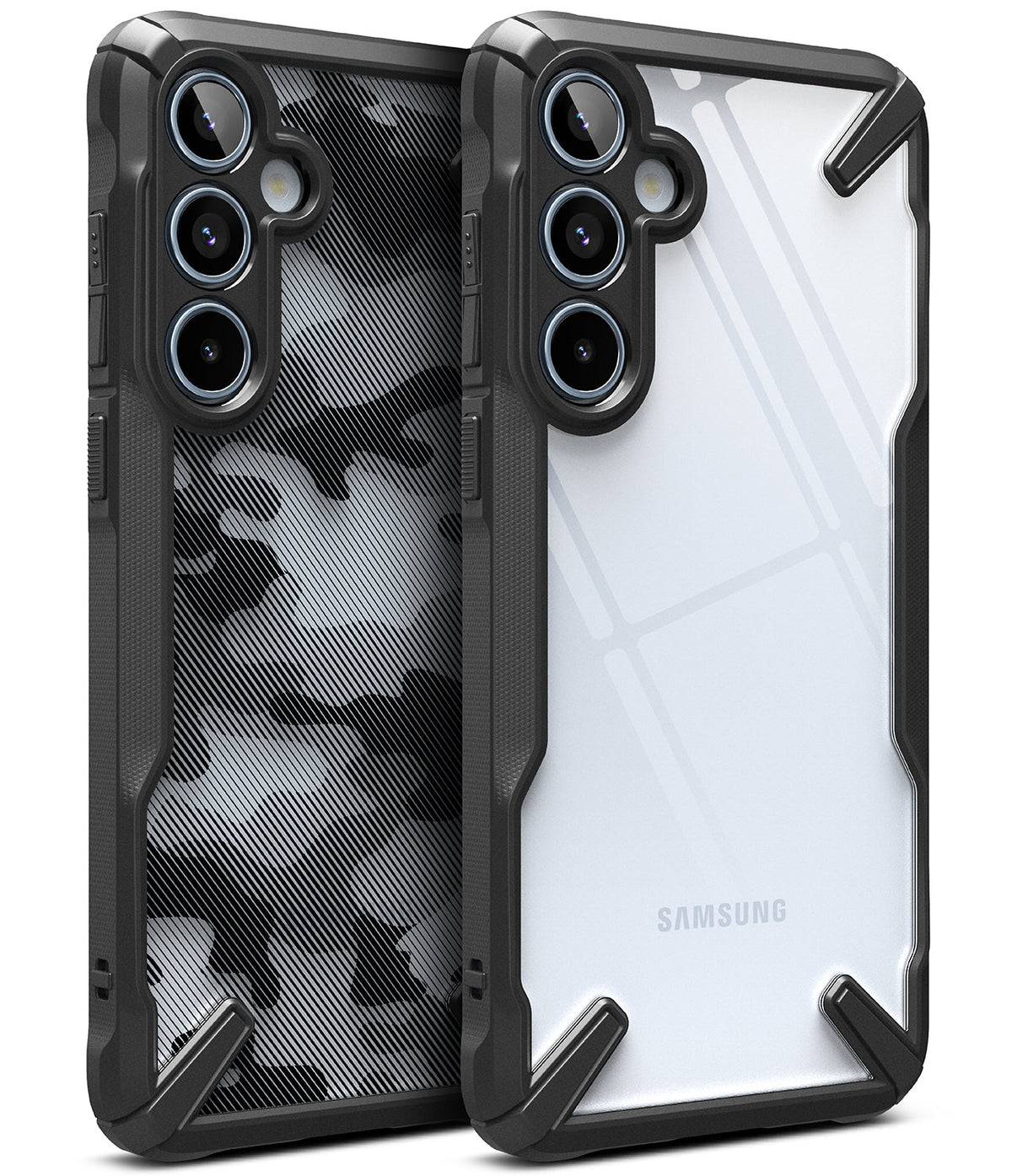 Galaxy A55 Case | Fusion-X - Two Galaxy A55 phones in black rugged cases, one with a camo back and one with a clear back.