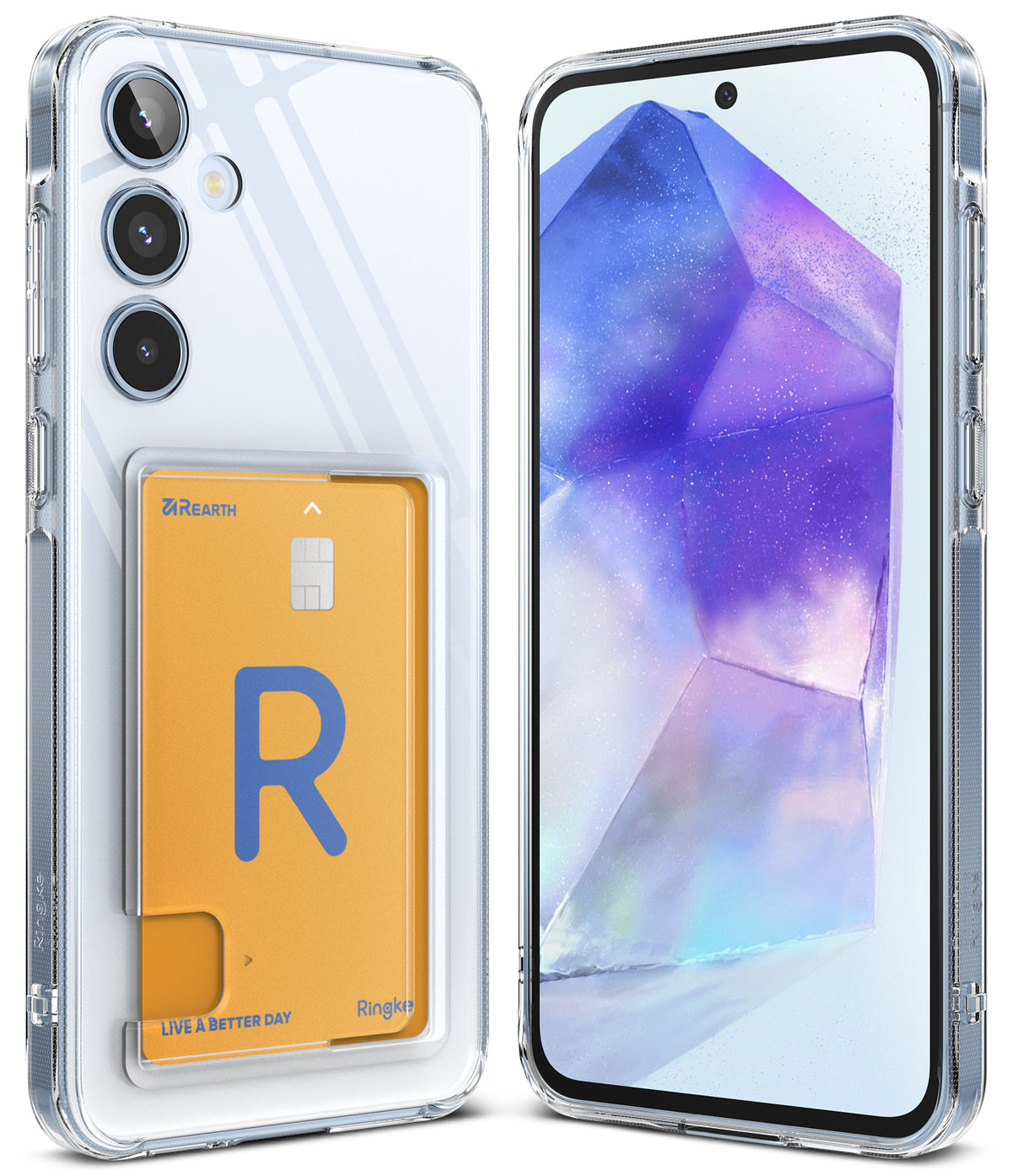 Galaxy A55 Case | Fusion Card - Clear phone case with a yellow card holder on the back and a crystal-themed screen display.