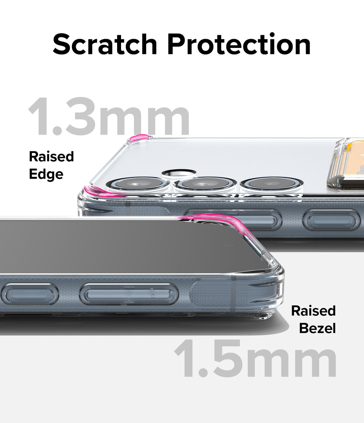Galaxy A55 Case | Fusion Card - Close-up of phone case highlighting 1.3mm raised camera edges and 1.5mm raised screen bezels.