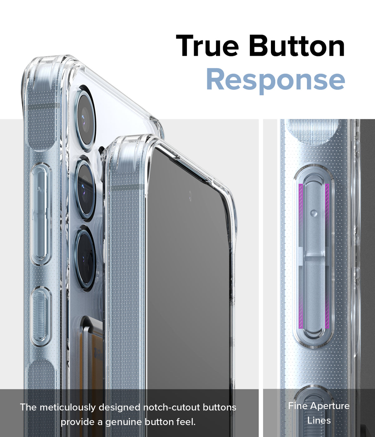Galaxy A55 Case | Fusion Card - Close-up of clear phone case buttons with notch-cutout design for tactile response.
