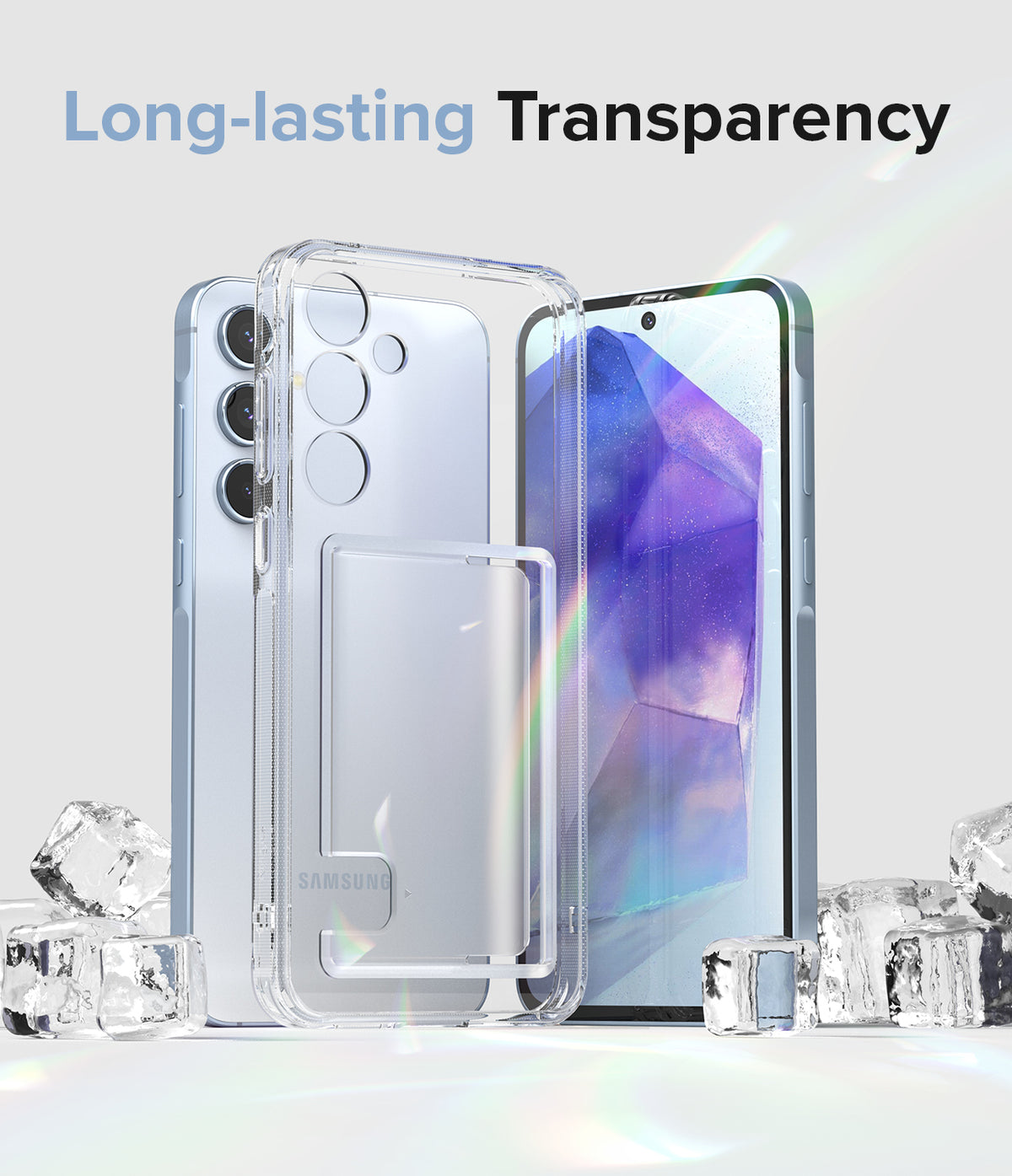 Galaxy A55 Case | Fusion Card - Clear phone case with card slot standing in front of a blue phone surrounded by ice cubes.