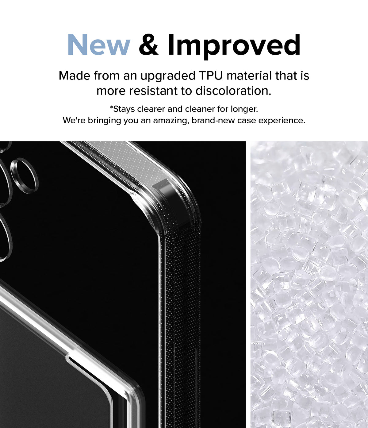 Galaxy A55 Case | Fusion Card - Close-up of a clear phone case corner next to a pile of raw, transparent TPU plastic pellets.