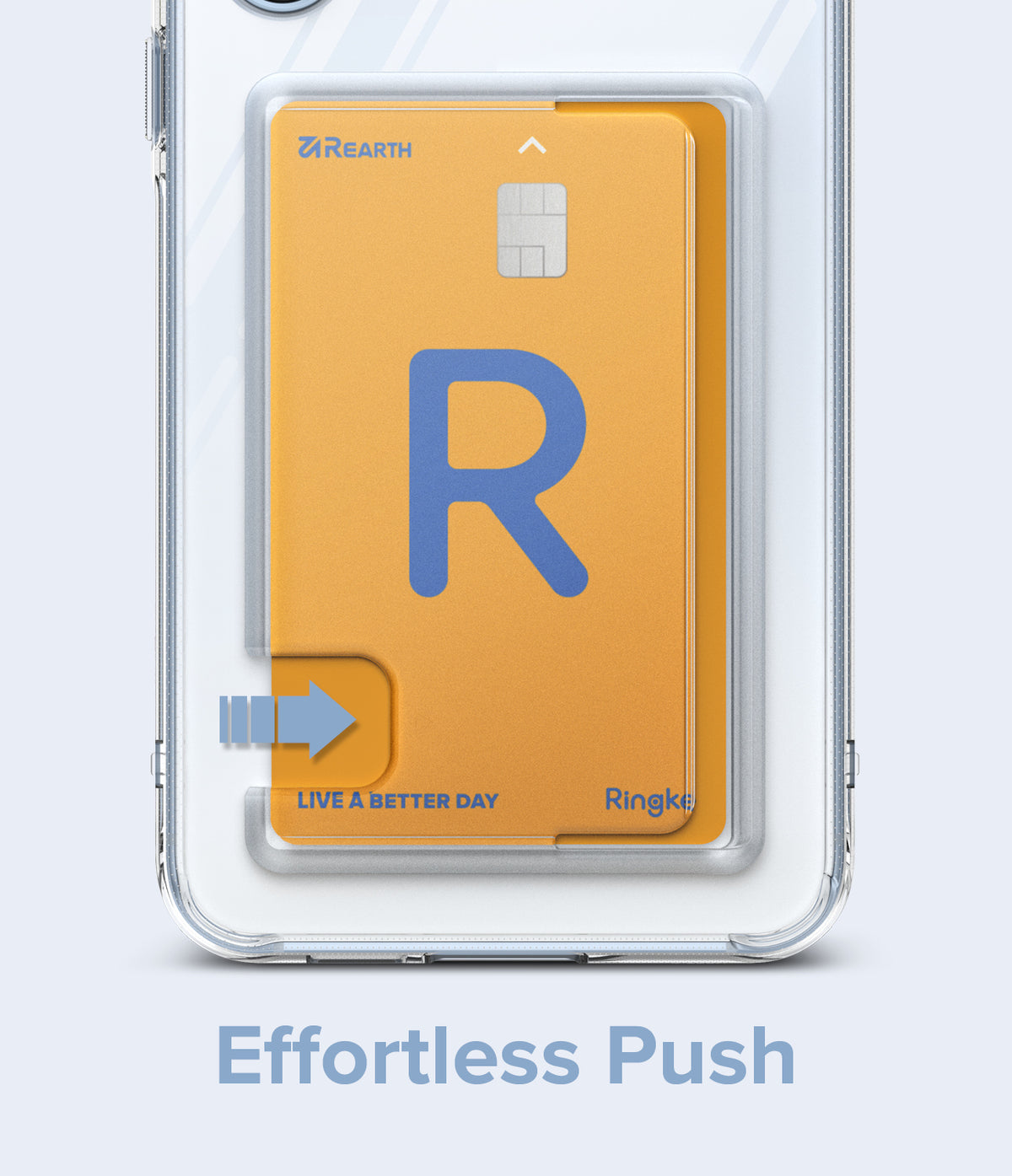 Galaxy A55 Case | Fusion Card - Clear phone case with a yellow card holder showing a blue arrow indicating a push mechanism.