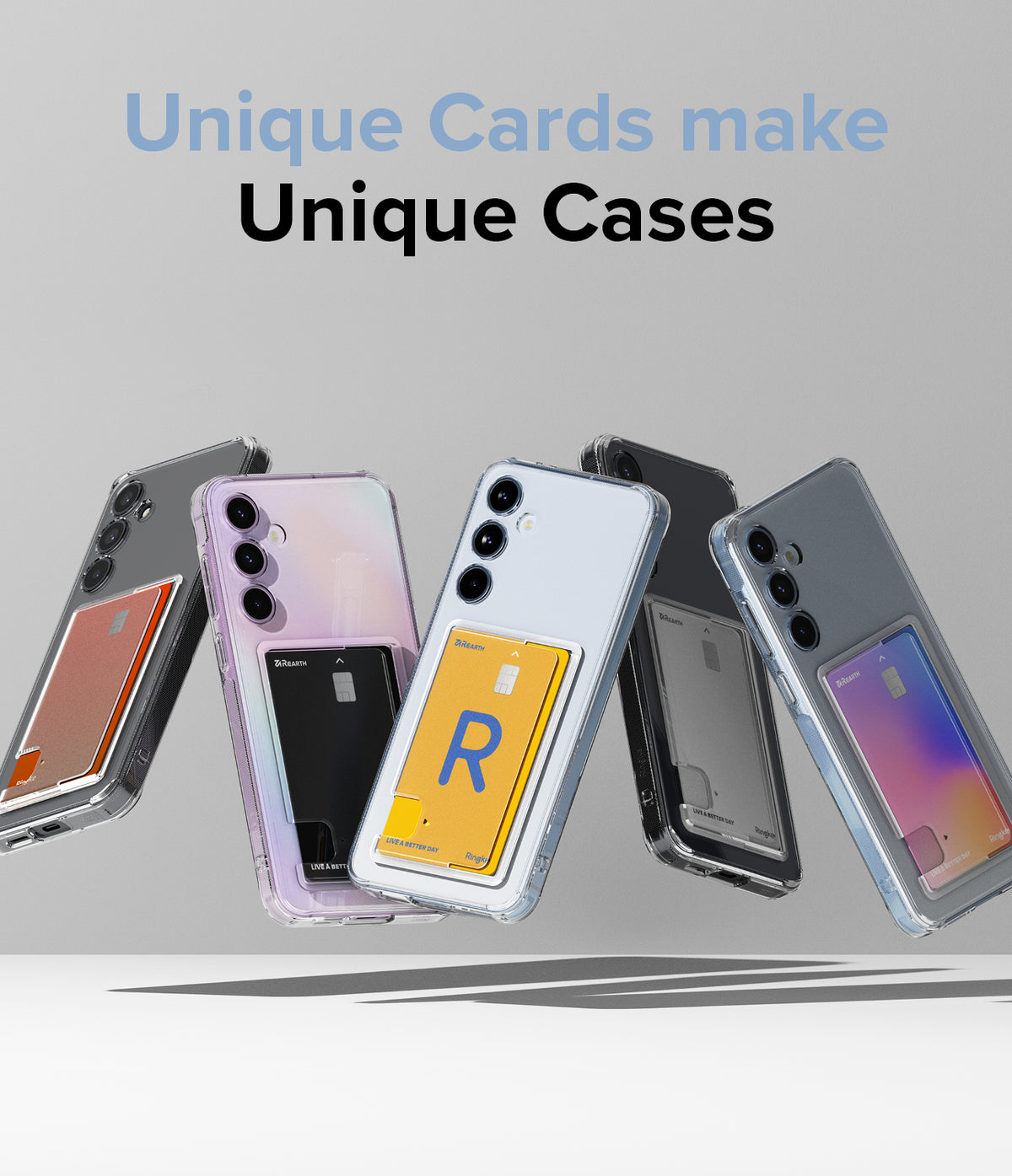 Galaxy A55 Case | Fusion Card - Five Galaxy A55 phones in clear cases with colorful, unique cards inserted in the back.