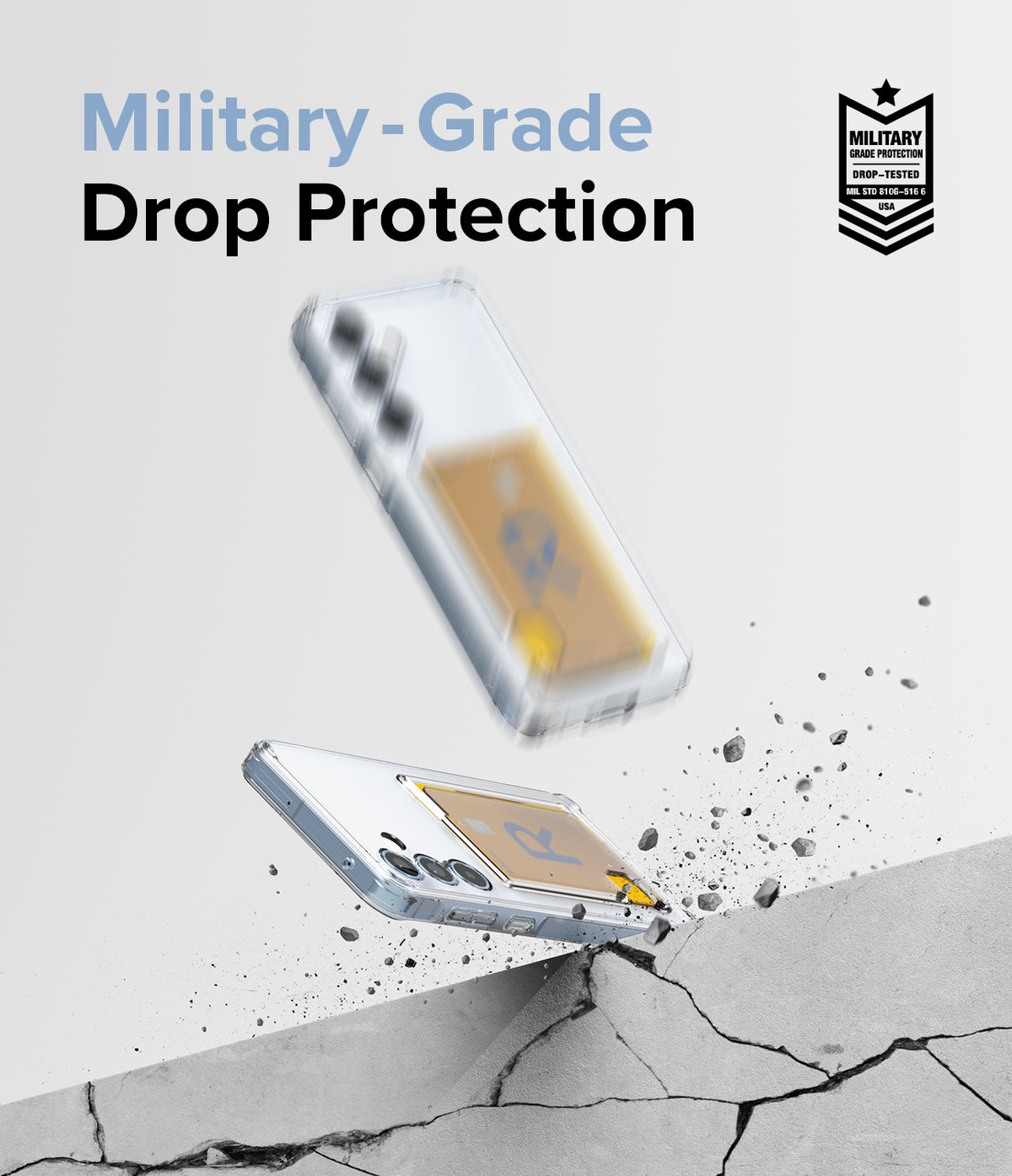 Galaxy A55 Case | Fusion Card - Clear phone case with card holder impacting concrete, showing military-grade drop protection.