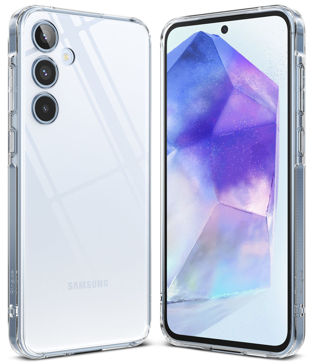 Galaxy A55 Case | Fusion - Clear protective case on a Samsung Galaxy A55 showing front and back views with a crystal wallpaper.