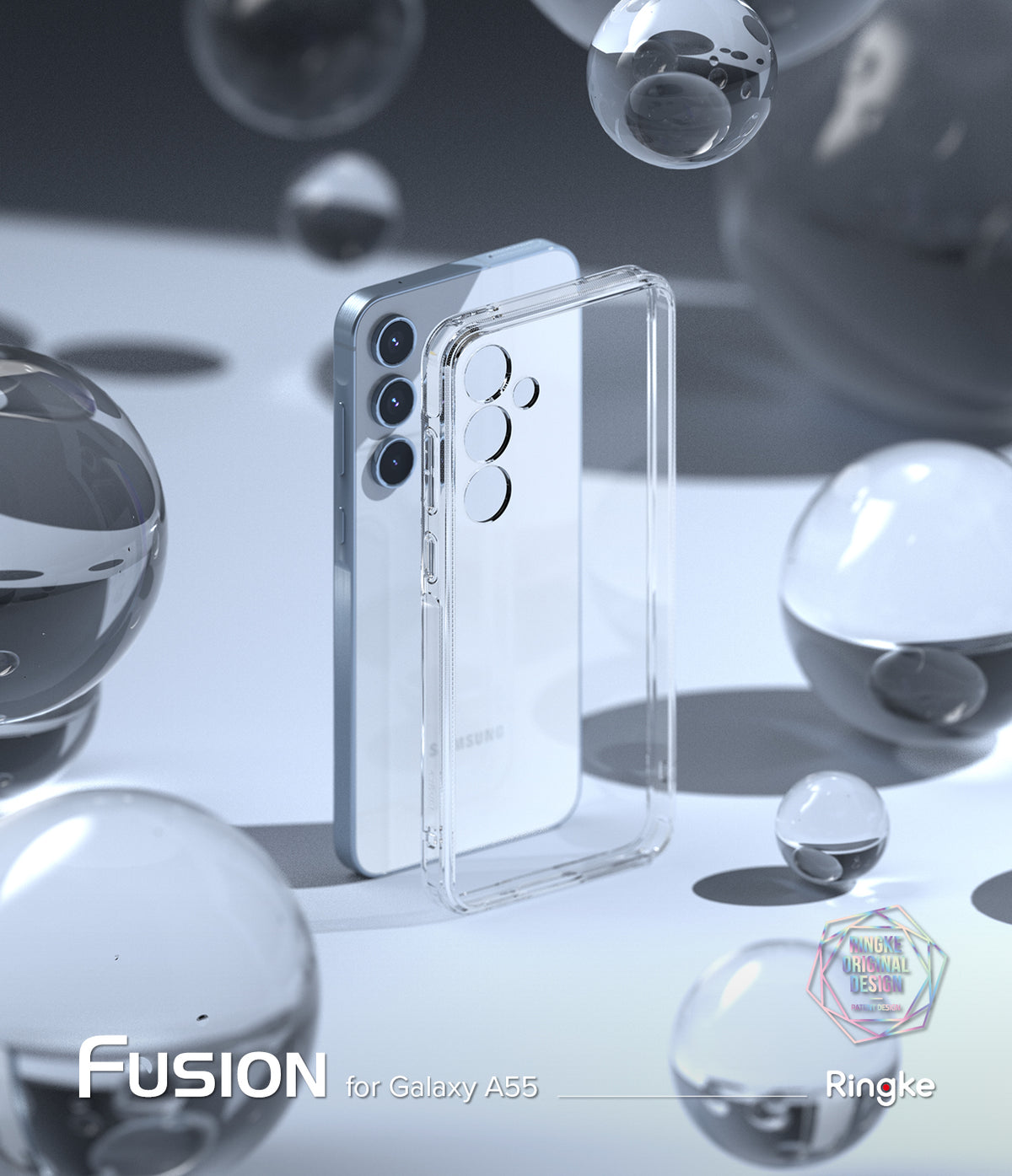 Galaxy A55 Case | Fusion - Clear phone case standing next to a Galaxy A55 smartphone surrounded by floating glass spheres.