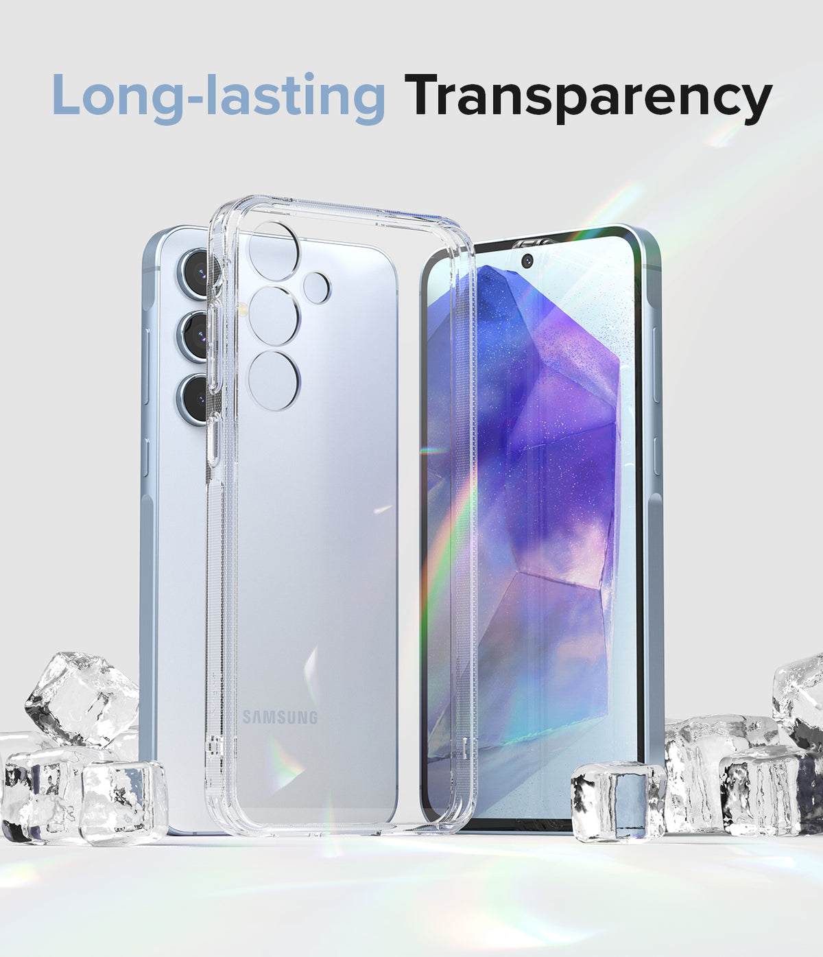 Galaxy A55 Case | Fusion - Clear phone case floating in front of a light blue Galaxy A55 surrounded by ice cubes.