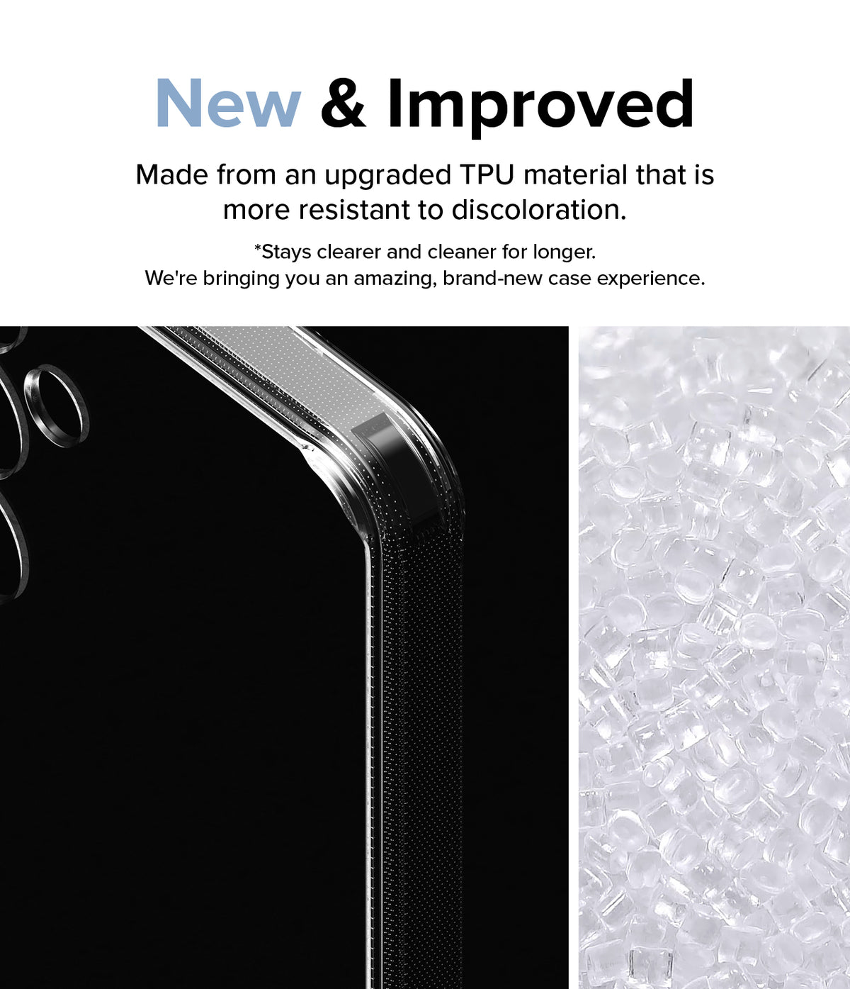 Galaxy A55 Case | Fusion - Close-up of a clear phone case edge next to a pile of raw, transparent TPU plastic pellets.