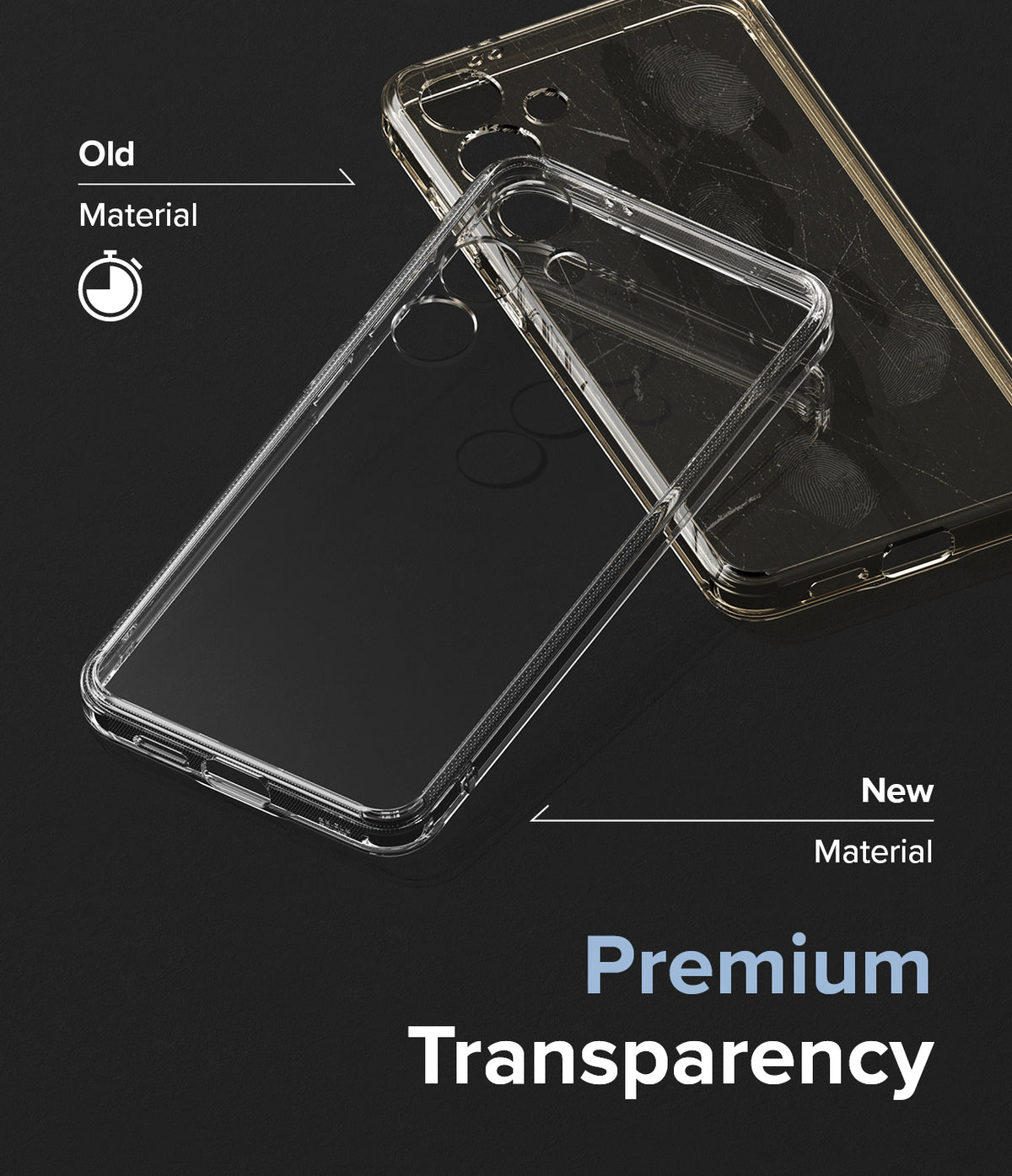 Galaxy A55 Case | Fusion - Comparison of a yellowed, scratched old phone case versus a clear, premium new material case.