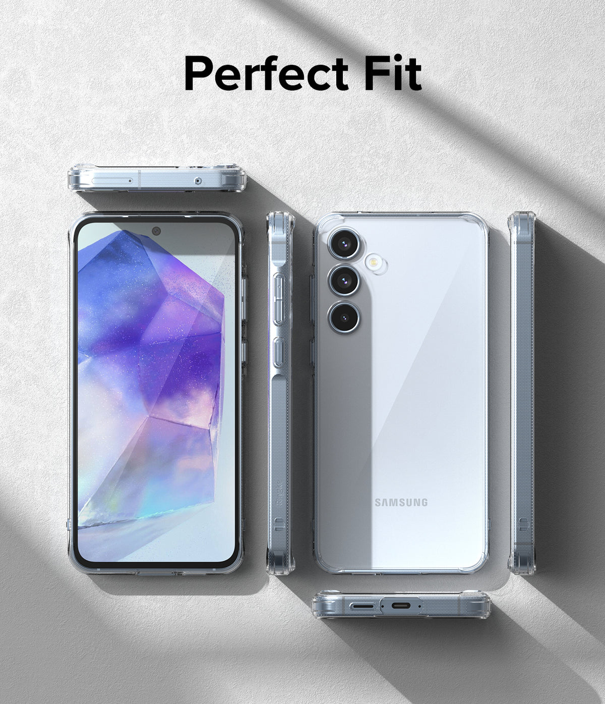 Galaxy A55 Case | Fusion - Clear phone case shown from multiple angles, highlighting precise fit and camera protection.