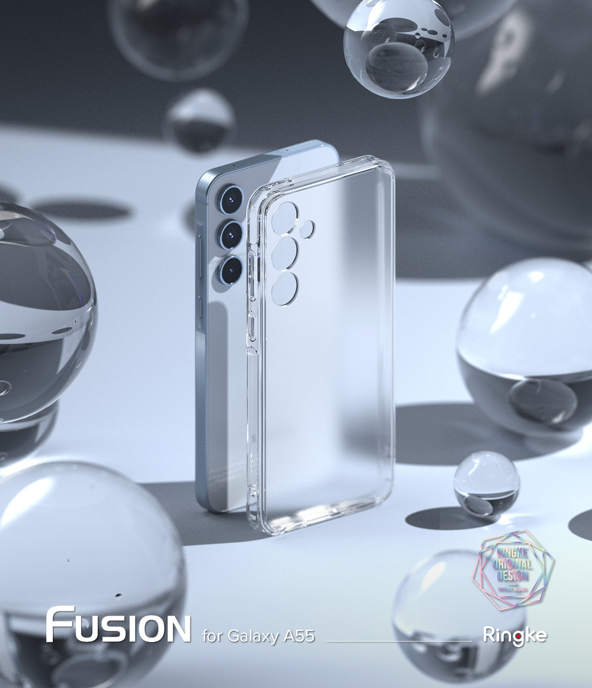 Galaxy A55 Case | Fusion Matte - A matte clear phone case standing next to a Galaxy A55 phone surrounded by floating glass orbs.