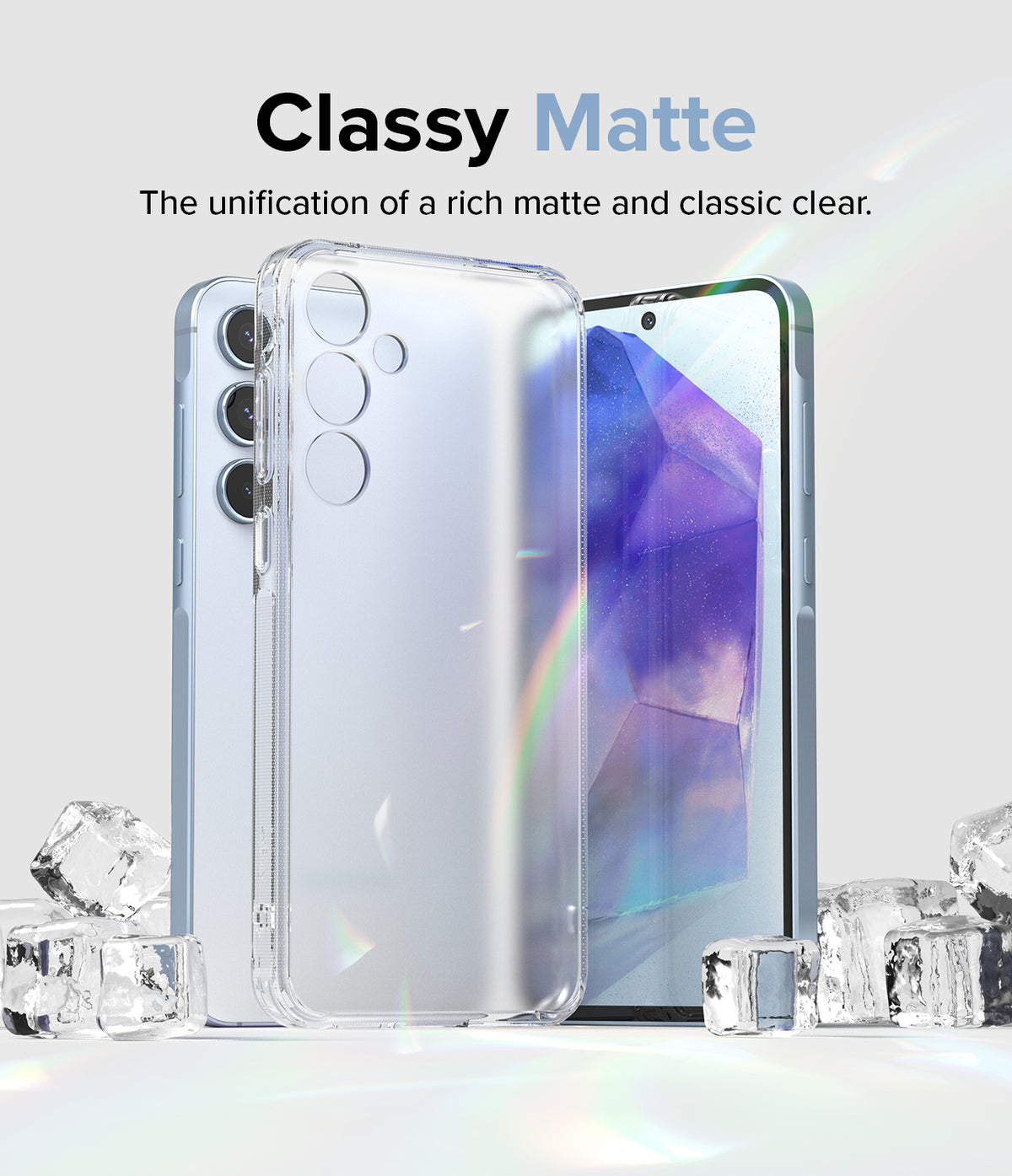 Galaxy A55 Case | Fusion Matte - A clear, matte phone case standing in front of a Galaxy A55 phone surrounded by ice cubes.