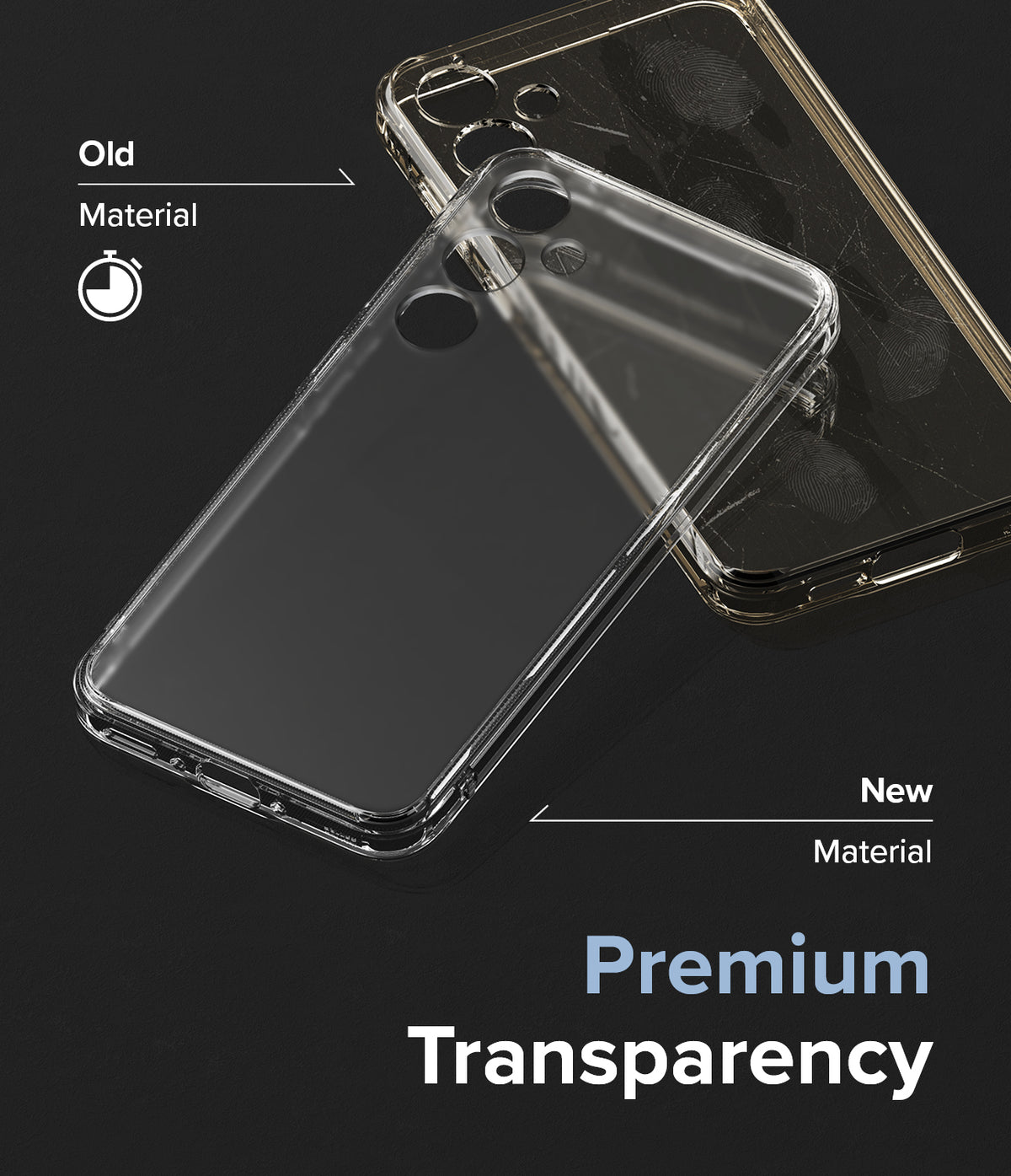 Galaxy A55 Case | Fusion Matte - Comparison of a yellowed, smudged old phone case versus a clear, new premium material case.