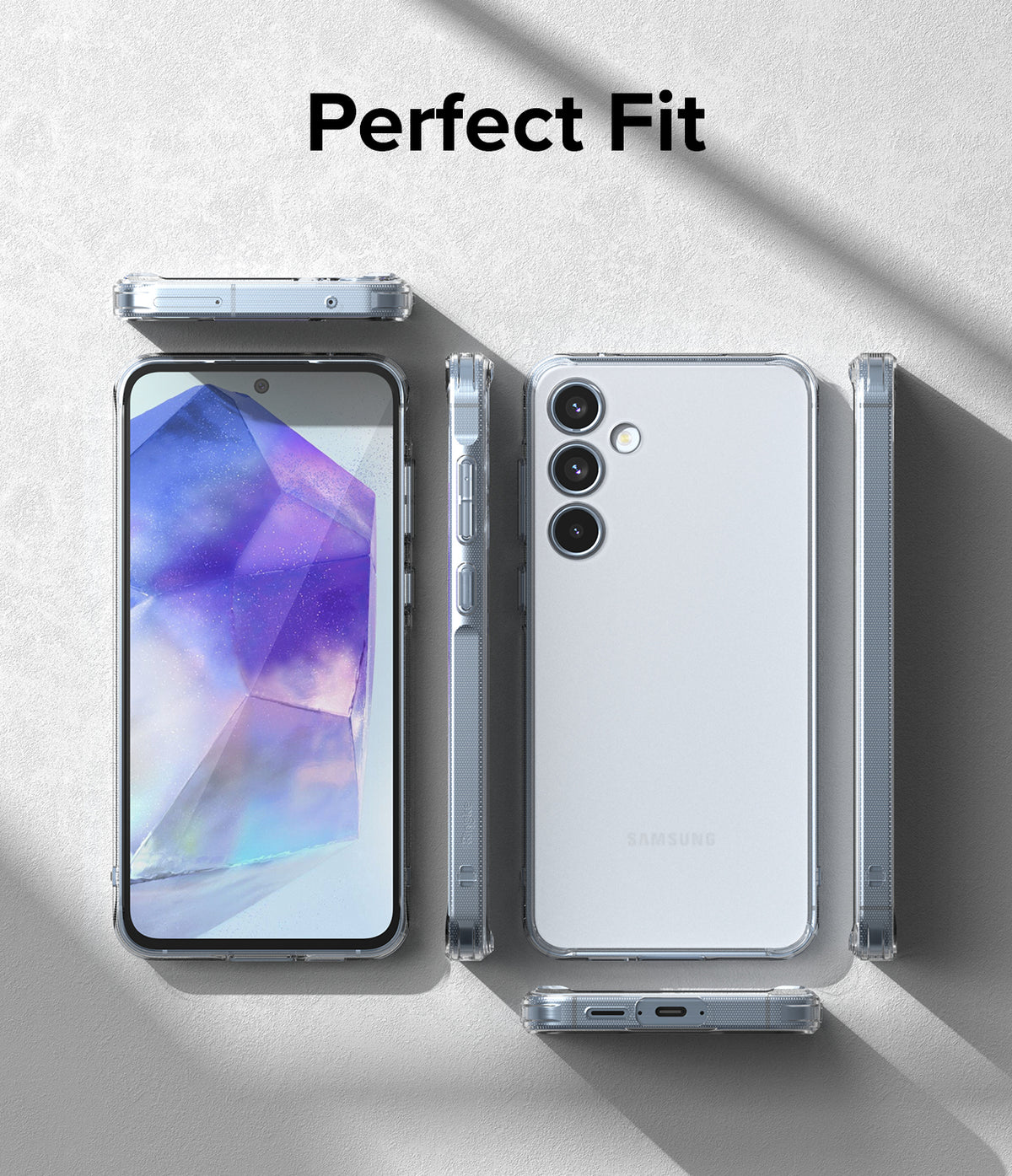 Galaxy A55 Case | Fusion Matte - Multiple views of a Samsung Galaxy A55 in a clear matte case on a textured gray surface.