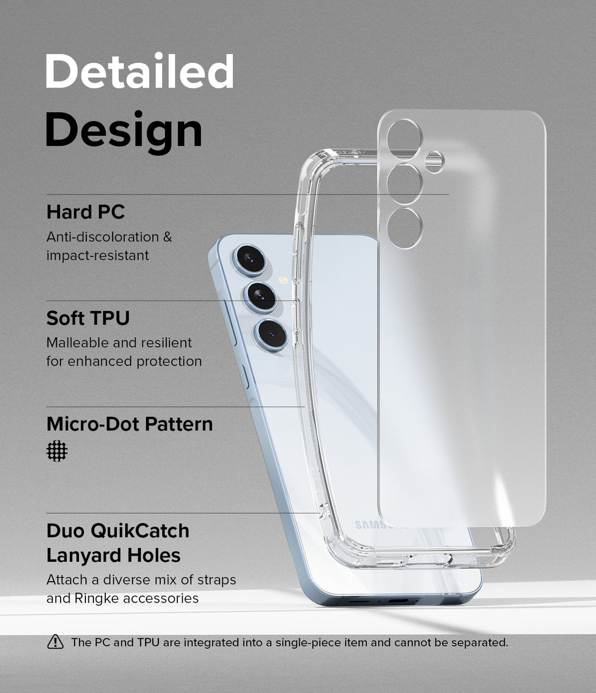 Galaxy A55 Case | Fusion Matte - Exploded view of a clear phone case highlighting PC, TPU, micro-dots, and lanyard holes.