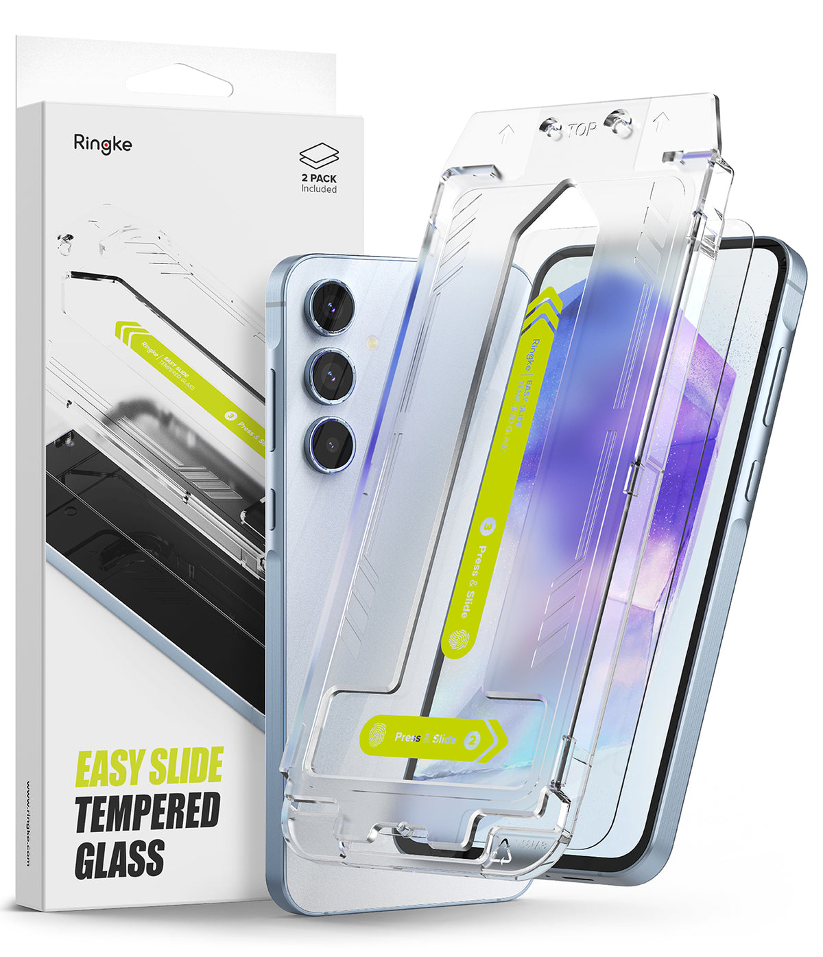 Galaxy A55 Screen Protector | Easy Slide Tempered Glass - Galaxy A55 Screen Protector - Ringke tempered glass kit with an easy-slide installation frame and a Galaxy A55 smartphone.