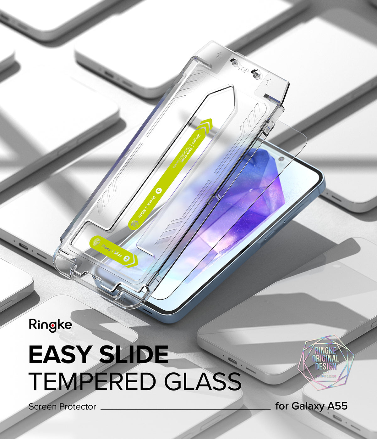 Galaxy A55 Screen Protector | Easy Slide Tempered Glass - Galaxy A55 Screen Protector - Easy Slide installation tool applying a tempered glass protector onto a smartphone.