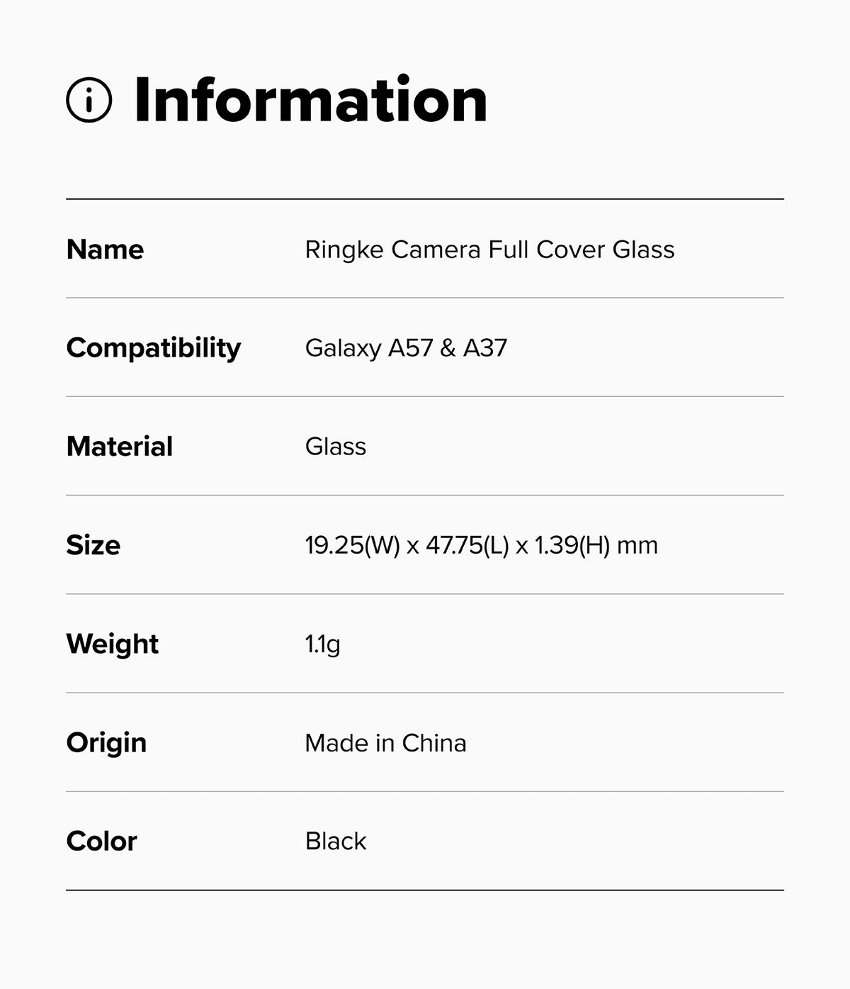 Galaxy A37 / A57 5G | Camera Glass 2P - Information table listing product name, compatibility, material, size, weight, origin, and color.