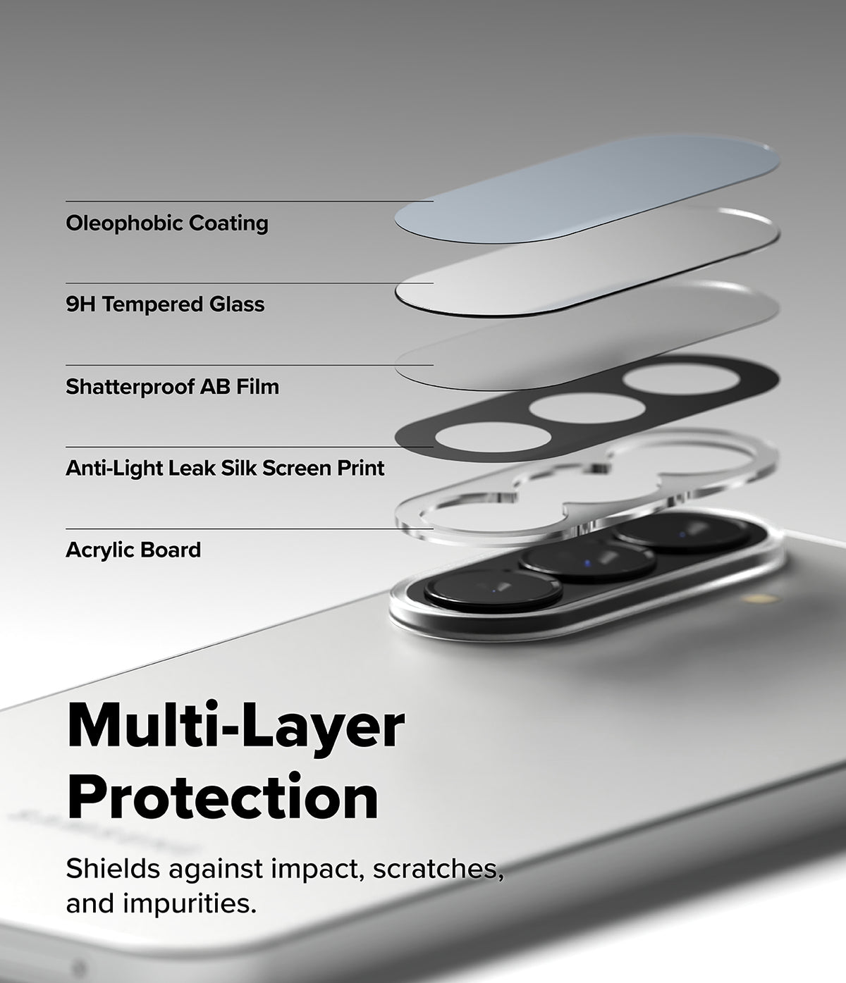 Galaxy A37 / A57 5G | Camera Glass 2P - Exploded view of five protective layers for a smartphone camera lens.