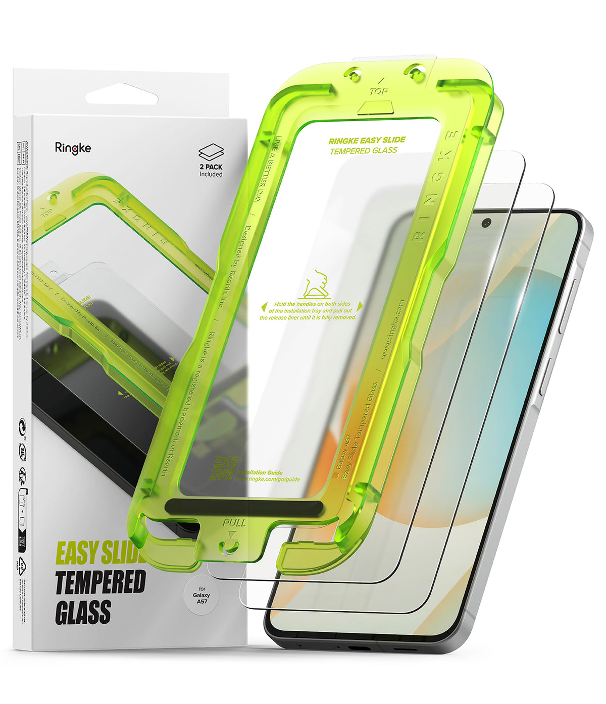 Galaxy A57 5G Screen Protector | Easy Slide Tempered Glass 2P - Galaxy A57 5G Screen Protector - Two tempered glass protectors with a neon green easy-installation alignment tray.