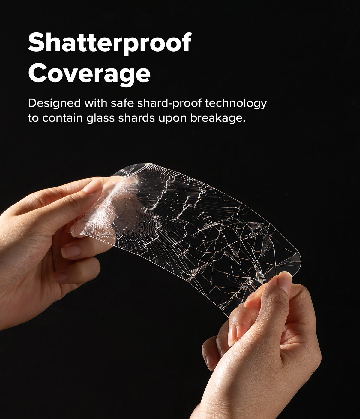 Galaxy A57 5G Screen Protector | Easy Slide Tempered Glass 2P - Galaxy A57 5G Screen Protector - Hands holding a shattered, shard-proof tempered glass screen protector against black.