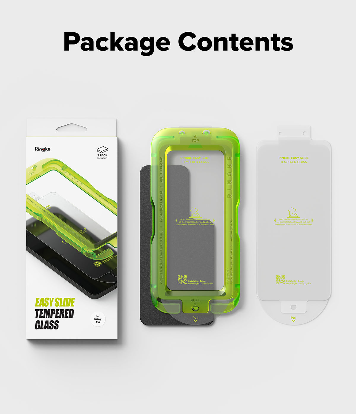 Galaxy A57 5G Screen Protector | Easy Slide Tempered Glass 2P - Galaxy A57 5G Screen Protector - Package contents showing retail box, green installation tray, and screen protector film.