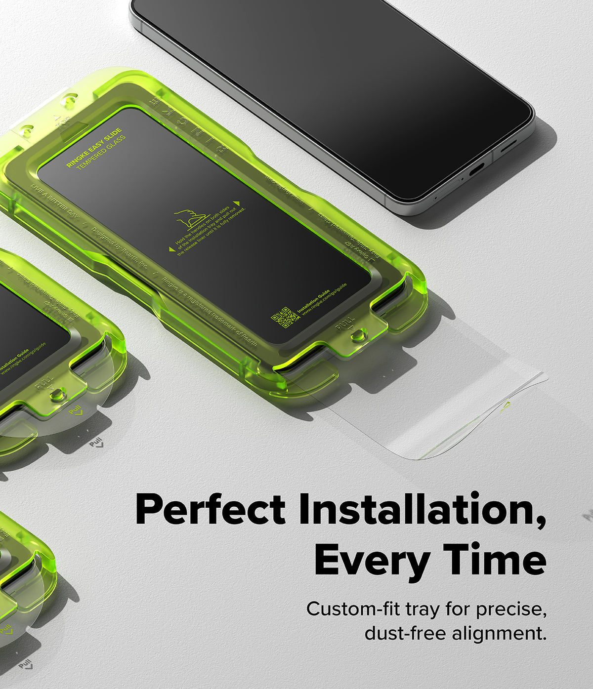 Galaxy A57 5G Screen Protector | Easy Slide Tempered Glass 2P - Galaxy A57 5G Screen Protector - Neon green installation tray with tempered glass for Galaxy A57 on a white surface.