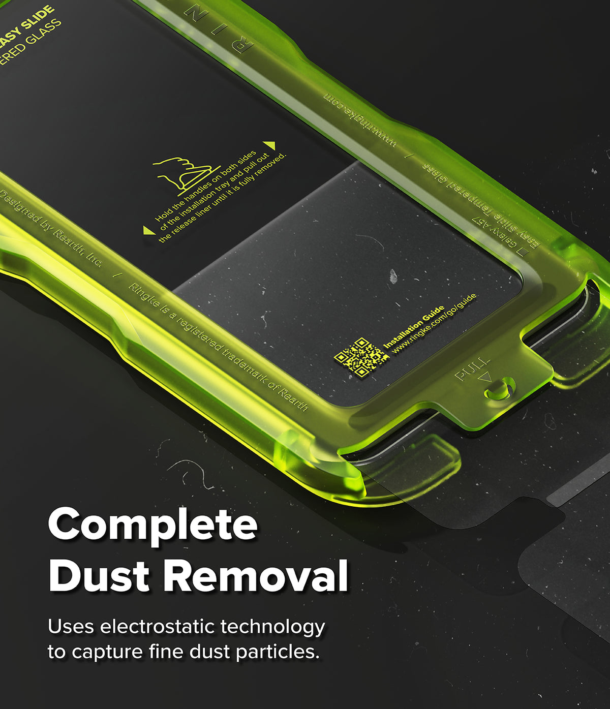 Galaxy A57 5G Screen Protector | Easy Slide Tempered Glass 2P - Galaxy A57 5G Screen Protector - Neon green installation tray with electrostatic dust removal film and QR code guide.