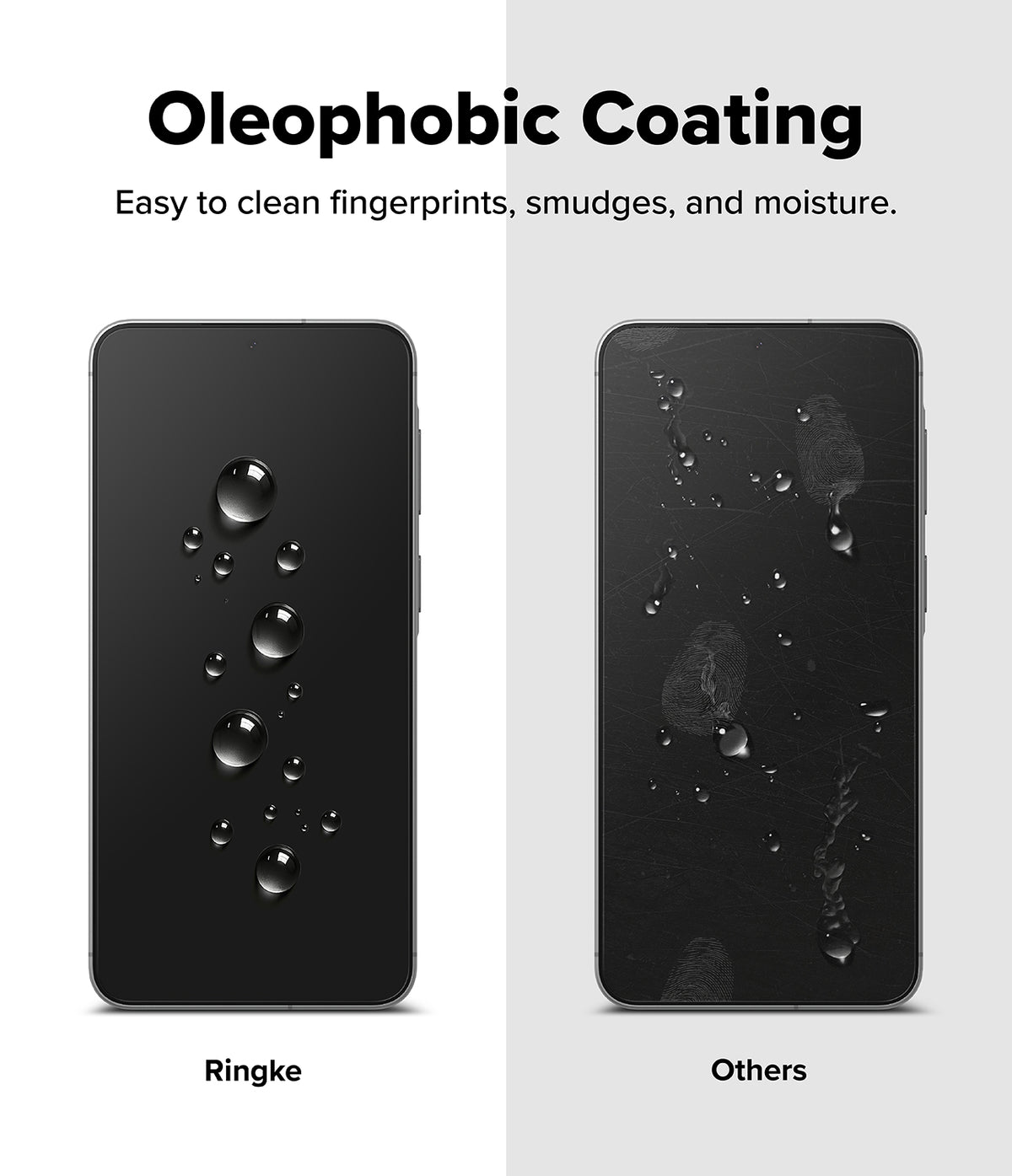 Galaxy A57 5G Screen Protector | Easy Slide Tempered Glass 2P - Galaxy A57 5G Screen Protector - Comparison showing Ringke's clean water-beaded surface versus a smudged, dirty screen.