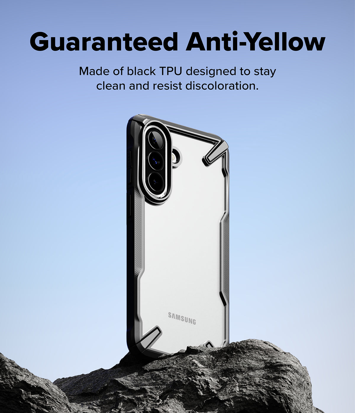 Galaxy A57 5G Case | Fusion-X - Black Fusion-X phone case on a rock against a blue sky, highlighting anti-yellowing TPU design.