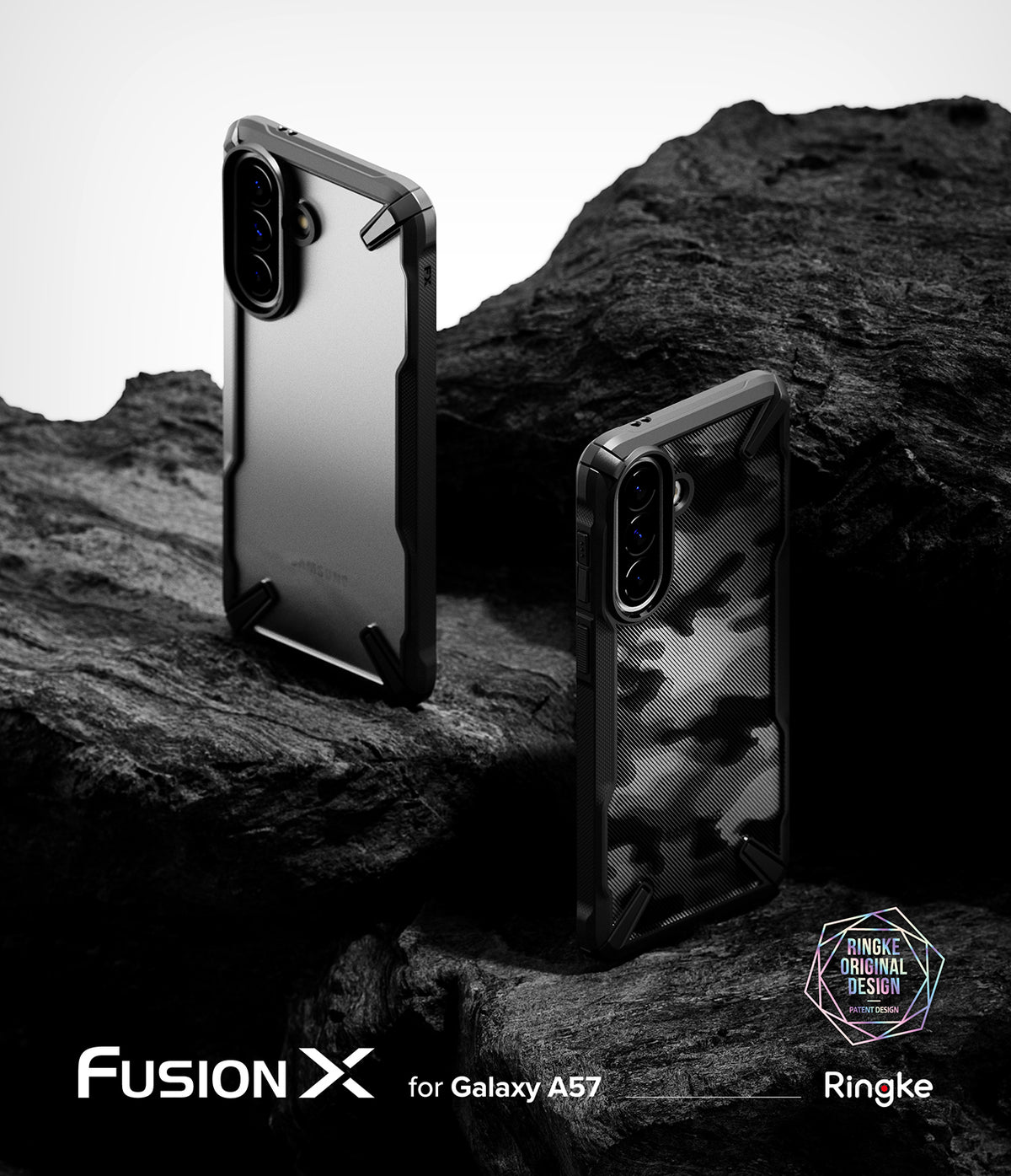Galaxy A57 5G Case | Fusion-X - Two rugged Fusion-X phone cases displayed on dark, textured volcanic rock.