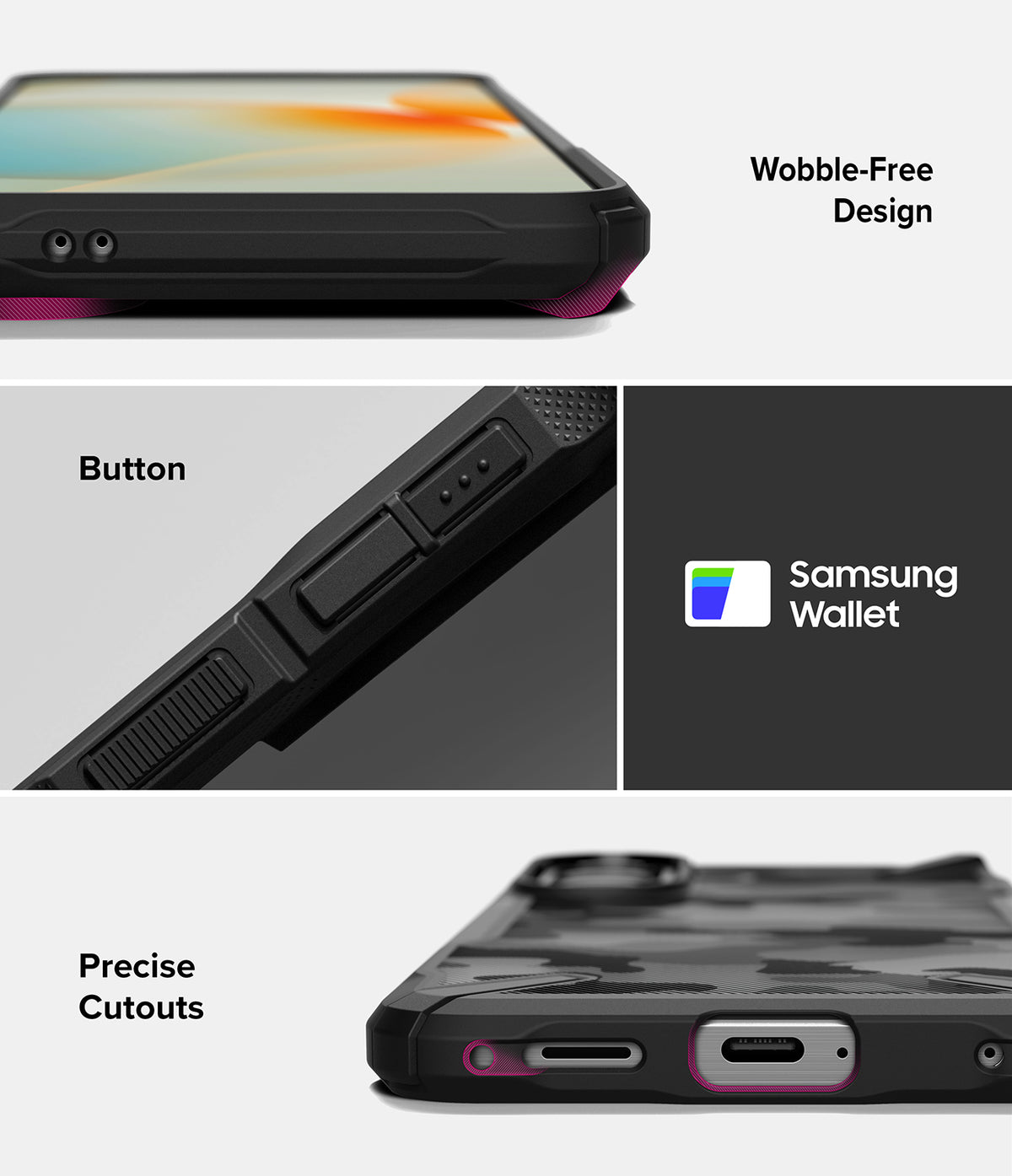 Galaxy A57 5G Case | Fusion-X - Close-ups showing wobble-free design, tactile buttons, Samsung Wallet compatibility, and precise port cutouts.