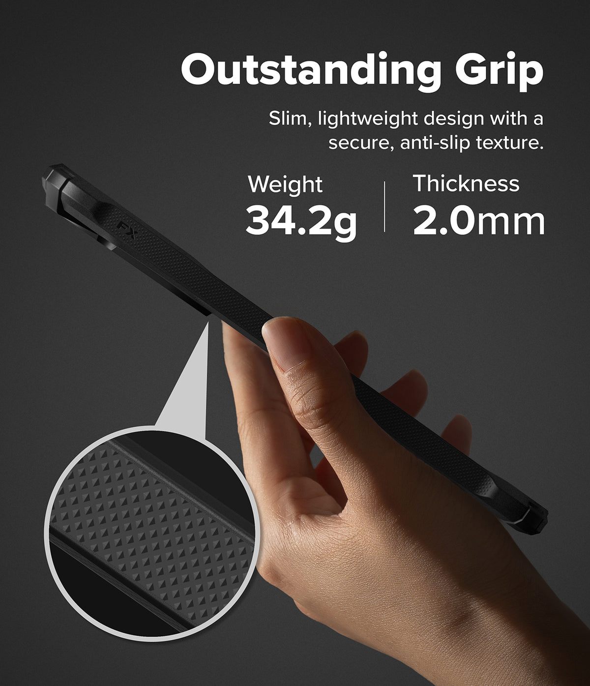 Galaxy A57 5G Case | Fusion-X - Hand holding a slim black phone case with a textured grip, highlighting 34.2g weight and 2.0mm thickness.