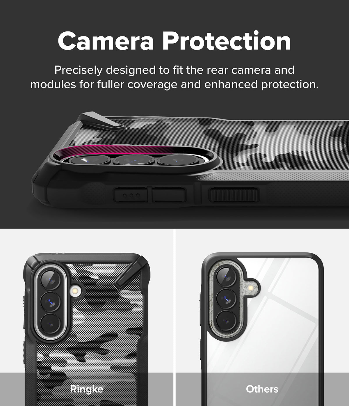 Galaxy A57 5G Case | Fusion-X - Comparison showing the Fusion-X case providing superior camera module coverage.