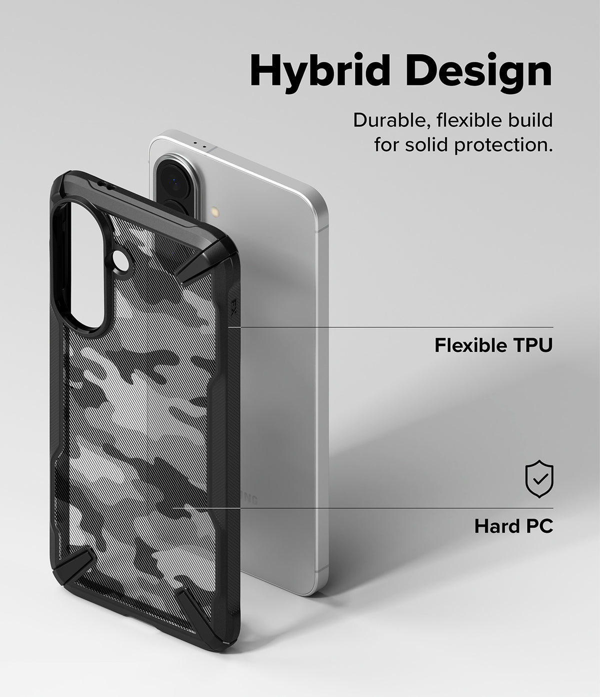 Galaxy A57 5G Case | Fusion-X - Camouflage phone case with flexible TPU edges and hard PC back shown next to a smartphone.