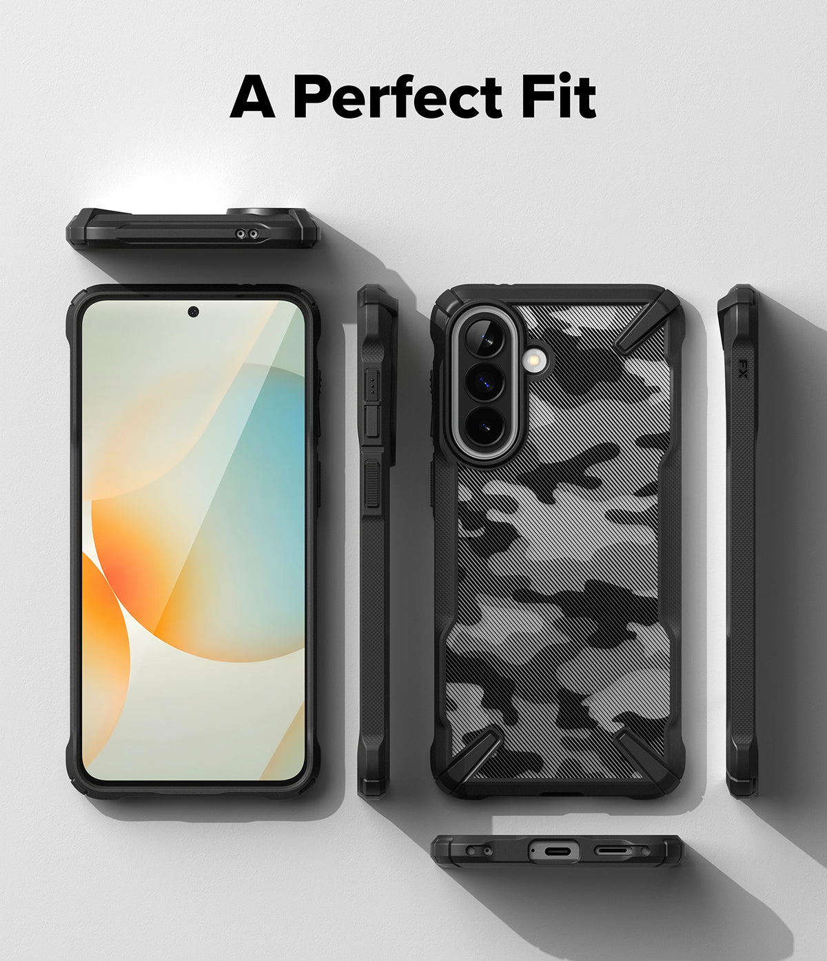Galaxy A57 5G Case | Fusion-X - Multiple views of a black phone case with a camo back pattern on a white background.