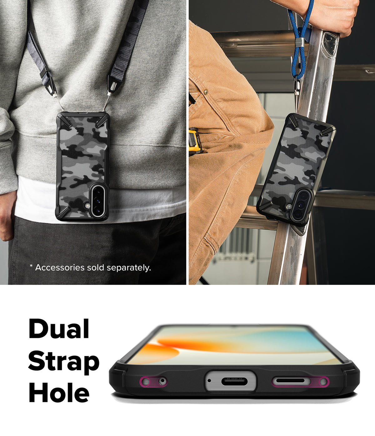 Galaxy A57 5G Case | Fusion-X - Camouflage phone case with dual strap holes worn on a lanyard and shown from the bottom.