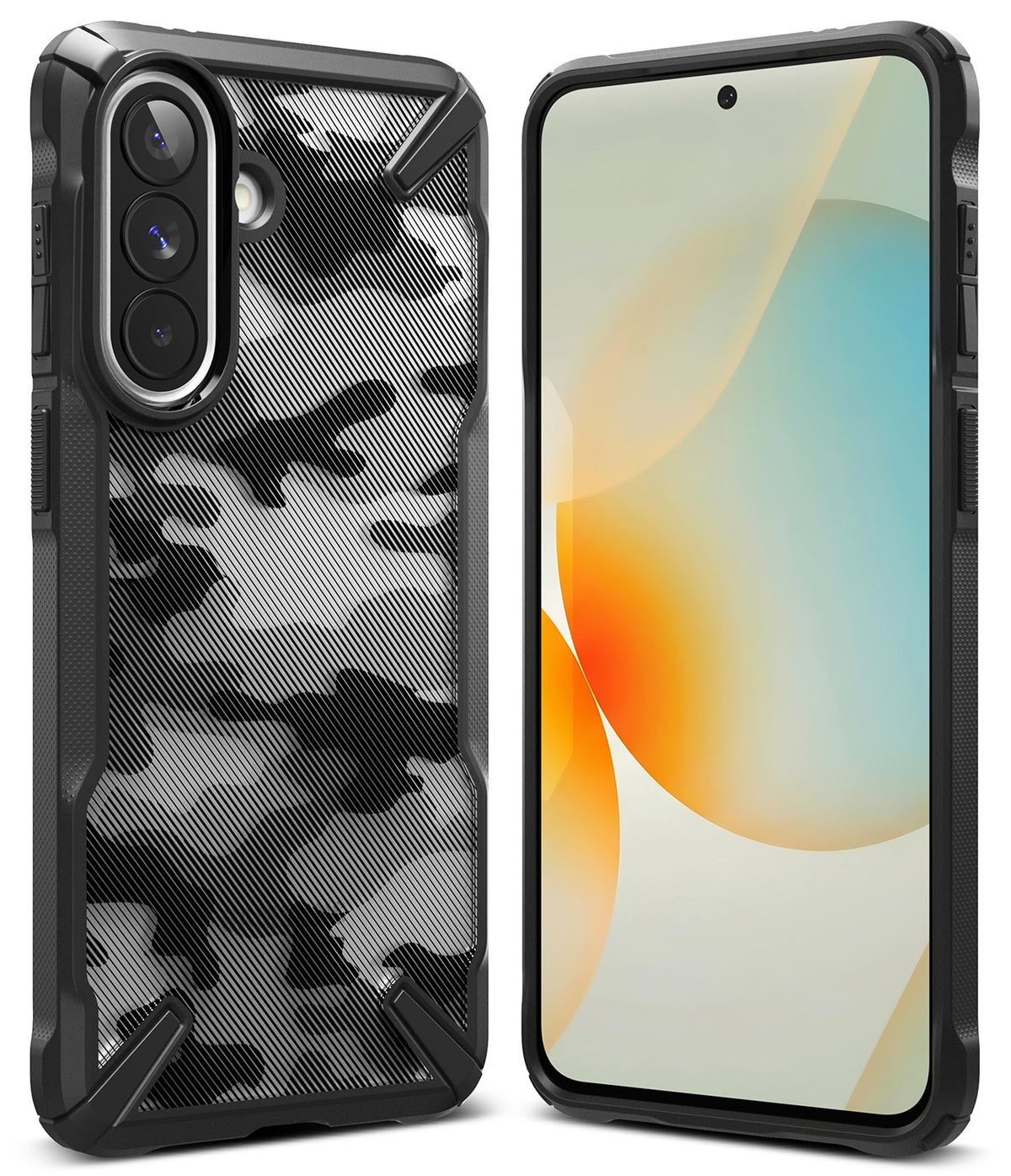 Galaxy A57 5G Case | Fusion-X - Black camouflage phone case shown from front and back with a bright abstract screen display.