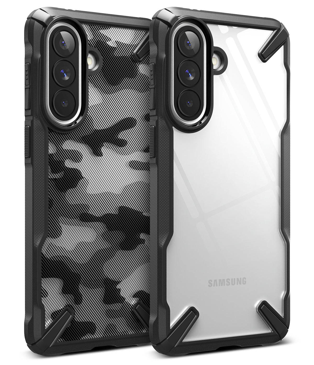 Galaxy A57 5G Case | Fusion-X - Two rugged phone cases, one with a camo pattern and one clear, showing triple camera cutouts.